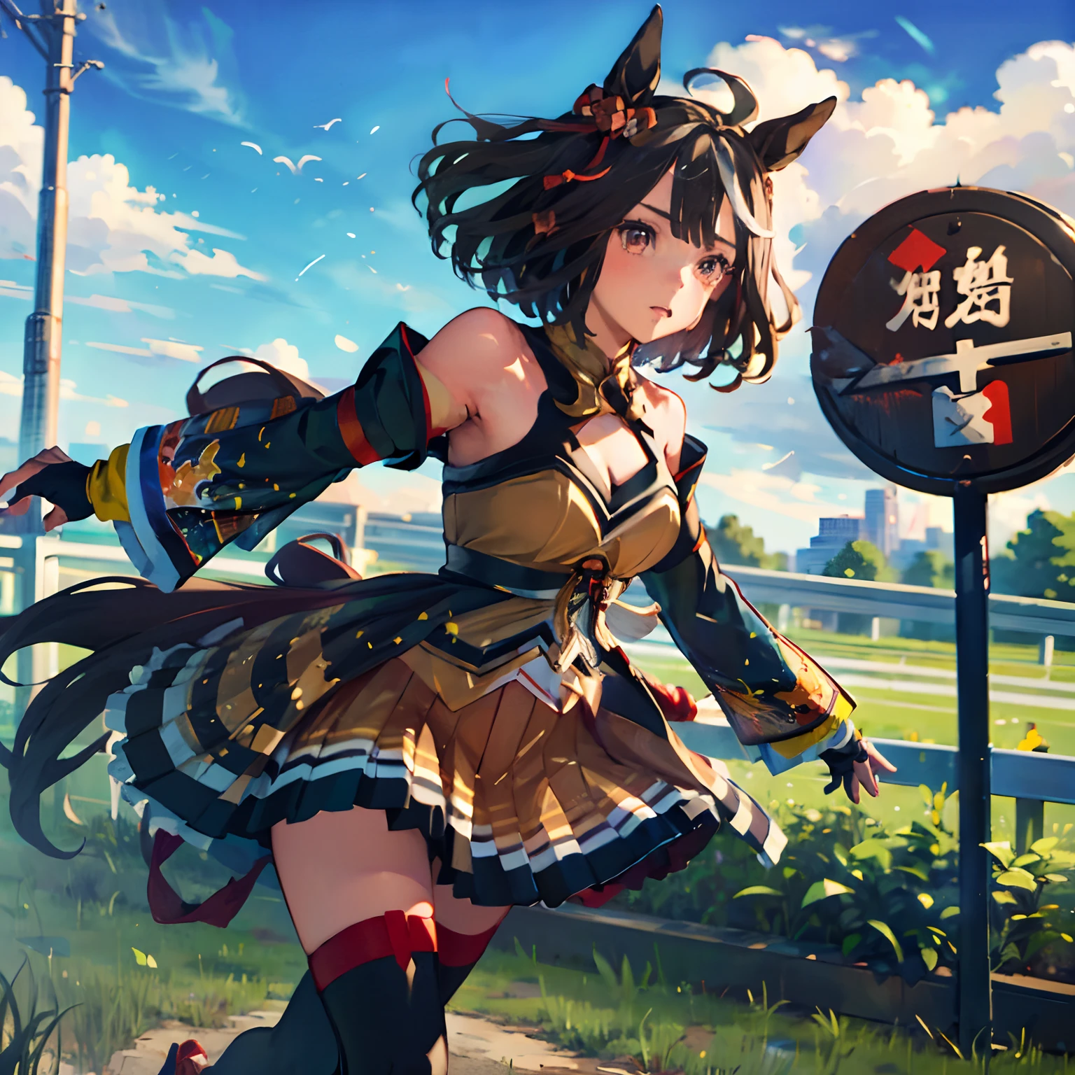 「​masterpiece,top-quality,a closeup,Face Shots,kitasan black_(Umamusume), 1girl in,Animal ears ,Horse ears ,Horse Girl ,Horse tail,masutepiece, Best Quality,Hair Ribbon, Hair Ornament, Fingerless gloves, yellow gloves, Komono, Long sleeves, Wide sleeves, Detached sleeves, Bare shoulders, Clothes Cutout, cleavage cutout, Kohaku ship, Brown skirt, Pleated skirt, zettai ryouiki, black thighhighs, Sandals, red footwear, 」，Running through，