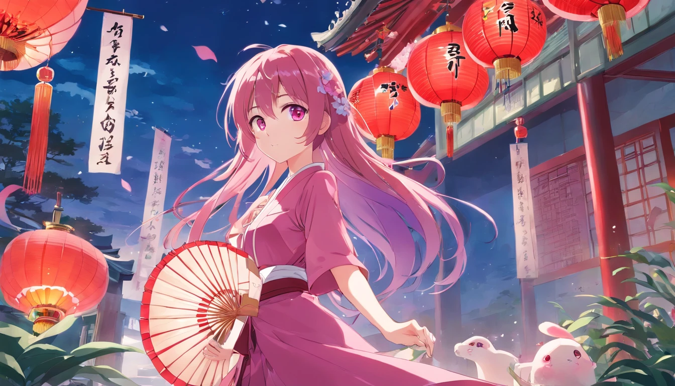 anime girl with (pink purple long hair) and (pink eyes), holding a beautiful (Chinese fan), wearing a (red pink dress), with a (dark green check shirt), wearing a (Japanese shrine mask), (dreamy magical background), surrounded by blue and white Japanese masks, splash art anime, anime fantasy illustration, humanoid pink female squid girl, anime monster girl, (witch shrine maiden), anime artwork, anime wallpaper, anime style illustration, (watercolor pattern of calming colors), (watercolor texture), (wallpaper, masterpiece, best quality)