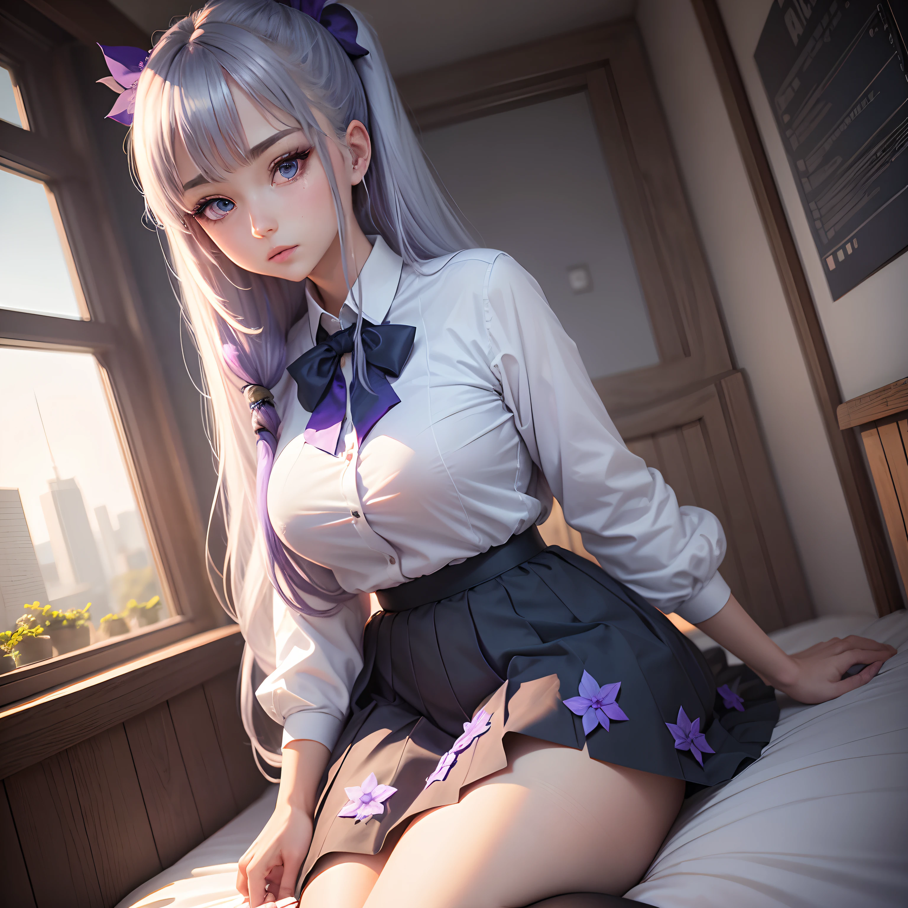 Best Quality, masutepiece,, Illustration, Wallpaper,1girl in, Solo, White shirt, Bright purple-silver hair, Semi-long hair, Beautiful detailed girl, extremely detailed eye and face, Beautiful detailed eyes, Shy, natural_Lighting, Glow,NSFW, Clean sky, Looking at Viewer, Outdoors, nigh sky, Star (skyporn), lowfers, Black pantyhose, blue bowtie, Straight hair, Purple petals, Purple and blue flowers, Red pupil, Ponytail, Blue Ribbon,White hair, Thick_thighs thighs thighs thighs, Large breasts,knee sox,Open your crotch,White panty,in bed room,