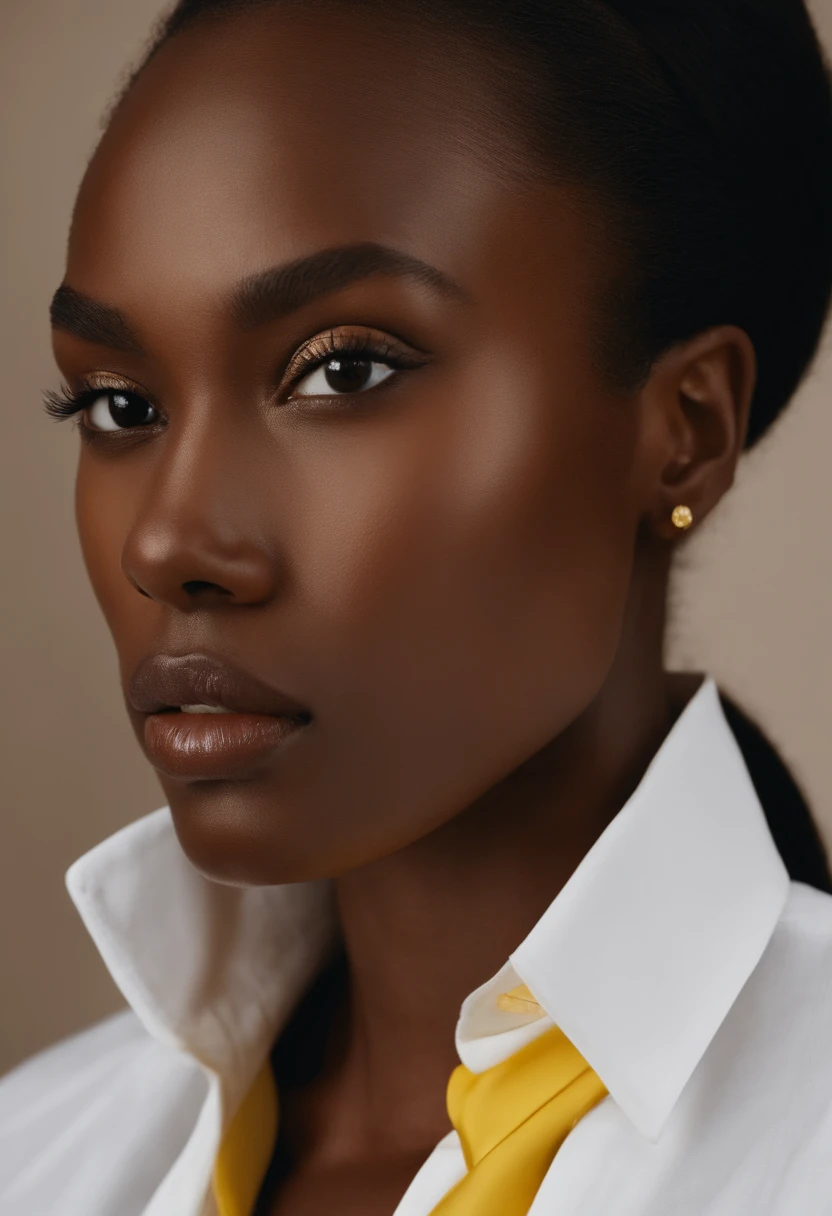 arafed woman in a white shirt and a yellow tie, by Alexander Mann, photo of a black woman, official jil sander editorial, in thomas ruff style, adut akech, pictured from the shoulders up, maria borges, lena oxton, close - up portrait shot, victoria siemer, woman model, by Thomas Bock, dark-skinned