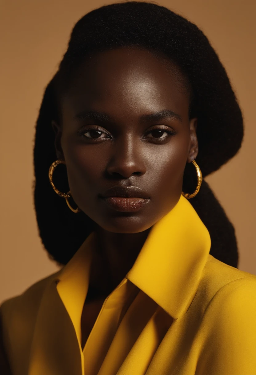 arafed woman in a white shirt and a yellow tie, by Alexander Mann, photo of a black woman, official jil sander editorial, in thomas ruff style, adut akech, pictured from the shoulders up, maria borges, lena oxton, close - up portrait shot, victoria siemer, woman model, by Thomas Bock, dark-skinned