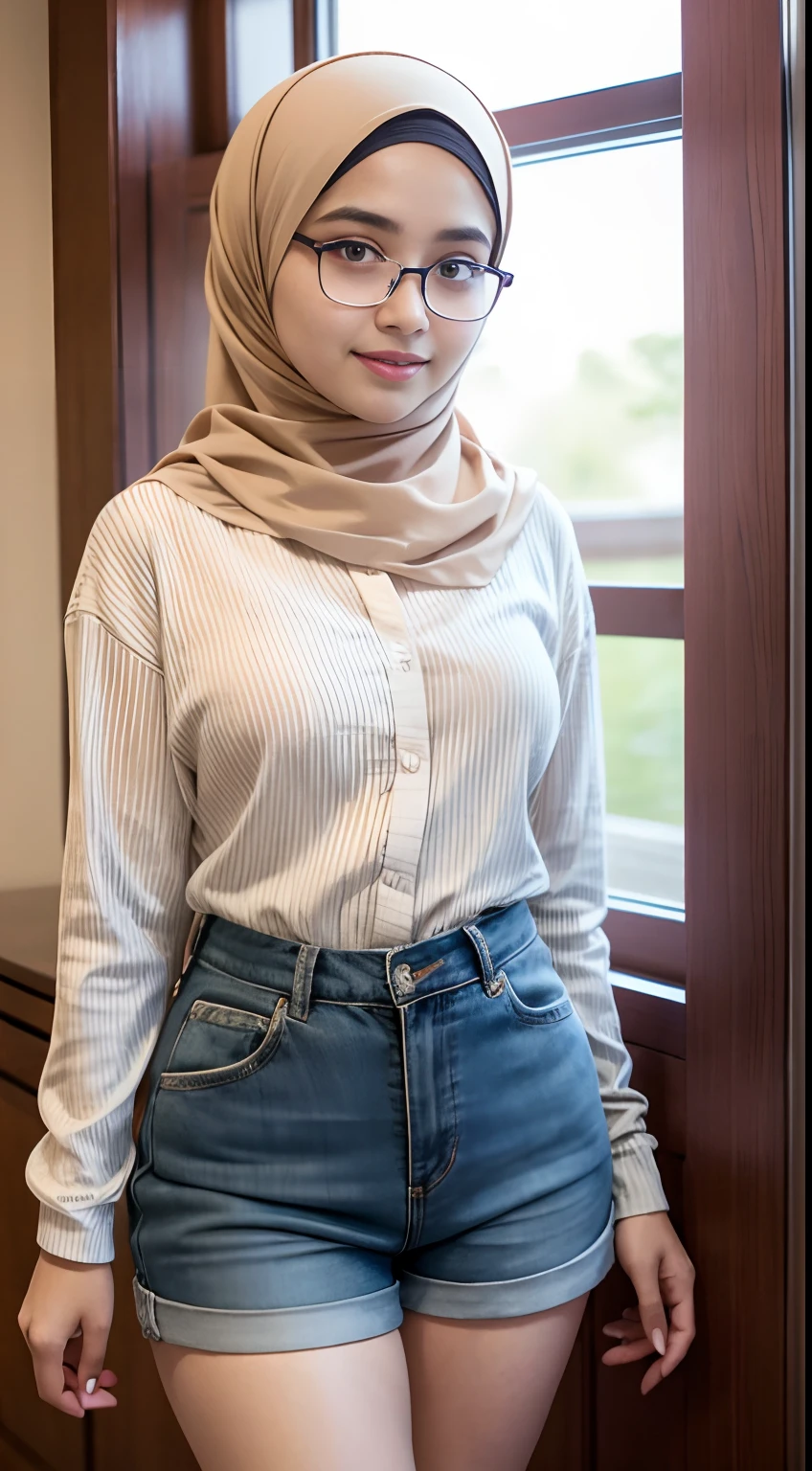 (iu:0.8). absolute_cleavage, RAW, Best quality, high resolution, Masterpiece: 1.3, Beautiful glasses hijabi aceh girl wearing shorts, Masterpiece, Soft smile