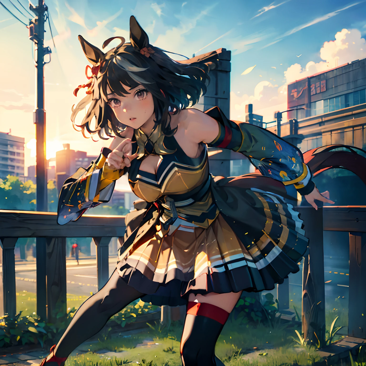 「​masterpiece,top-quality,a closeup,Face Shots,kitasan black_(Umamusume), 1girl in,Animal ears ,Horse ears ,Horse Girl ,Horse tail,masutepiece, Best Quality,Hair Ribbon, Hair Ornament, Fingerless gloves, yellow gloves, Komono, Long sleeves, Wide sleeves, Detached sleeves, Bare shoulders, Clothes Cutout, cleavage cutout, Kohaku ship, Brown skirt, Pleated skirt, zettai ryouiki, black thighhighs, Sandals, red footwear, 」，Running through，