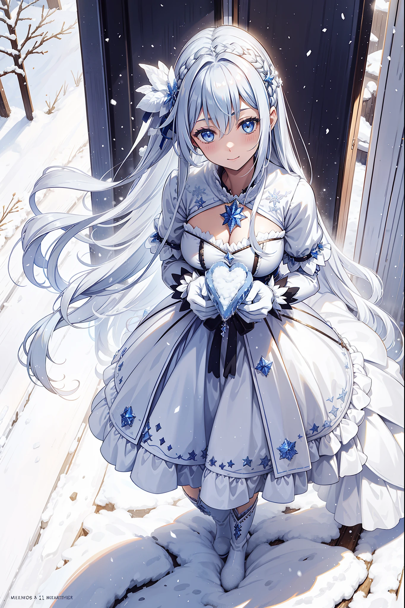 Virgin，divino，having fun，(white winter outfit:1.3)，Long boots，mitts，Plush trim，(Silvery hair:1.2)，eBlue eyes，(Many ornaments made of ice：1.1)，Light purple pattern，Maximalism，Ruffles，Lace，Delicate embroidery，Delicate pattern，(exquisite costumes)，The background is the Ice Kingdom，(heavy snowy)，solo person，Beautiful detailed face