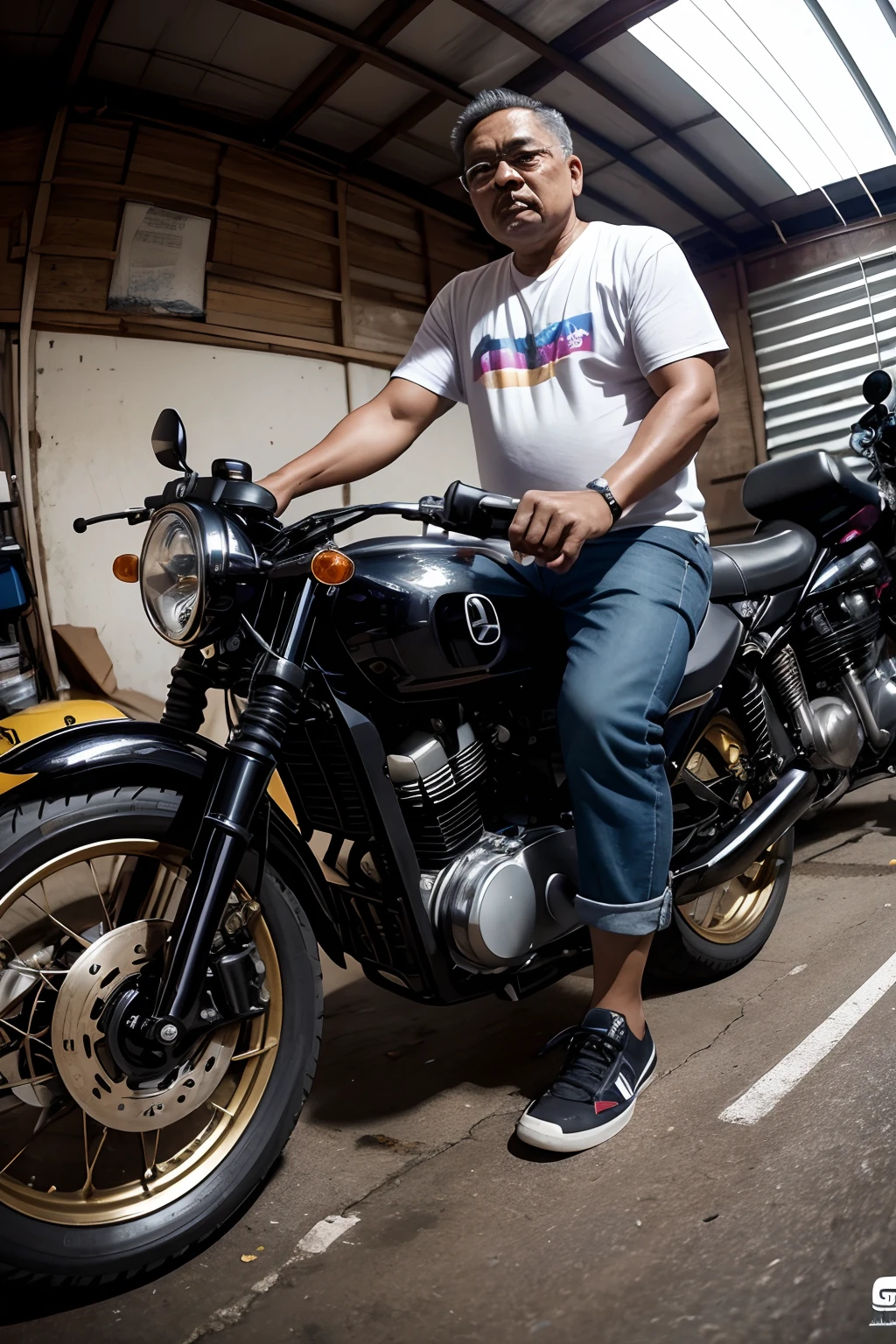 Photorealistic, 8k, cmyk+, dynamic composition, high angle lens, fisheye lens, middle-aged Malay man, squatting, next to an old Honda CD70 motorcycle, at a motorcycle workshop.