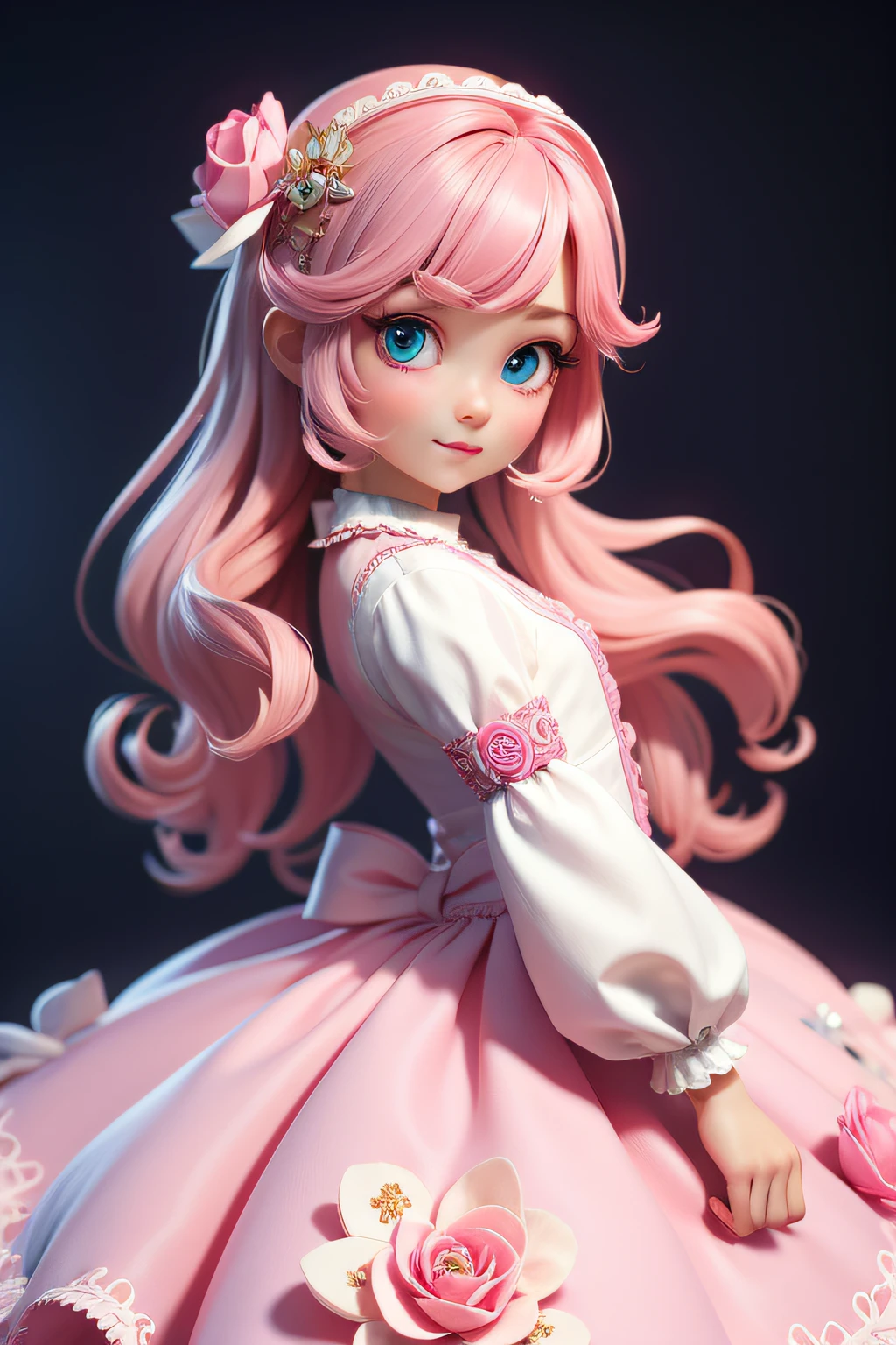 3dmm style, (masterpiece, best quality), intricate details, 1girl, solo, pink hair, flower hair clip, white dress, looking at viewer, blue eyes,