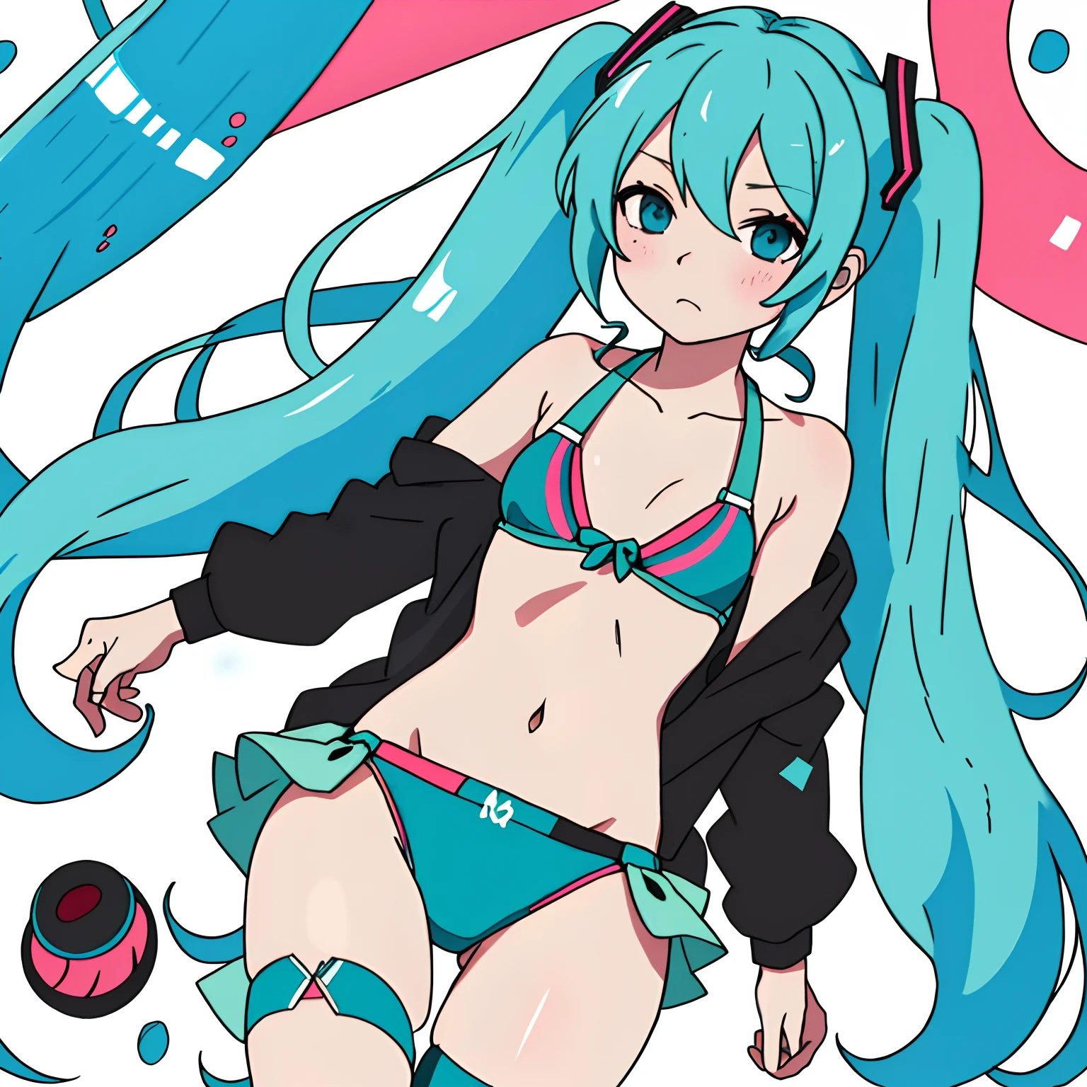 Hatsune Miku, Obra maestra, Parte superior del cuerpo, Manos apretadas, frustrado, egasumi, pervertido, small bikini, lewd face,