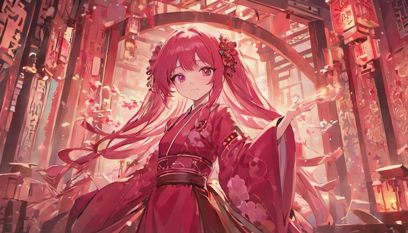 anime girl with (pink purple long hair) and (pink eyes), holding a beautiful (Chinese fan), wearing a (red pink dress), with a (dark green check shirt), wearing a (Japanese shrine mask), (dreamy magical background), (witch shrine maiden), anime wallpaper, anime style illustration, (wallpaper, masterpiece, best quality)