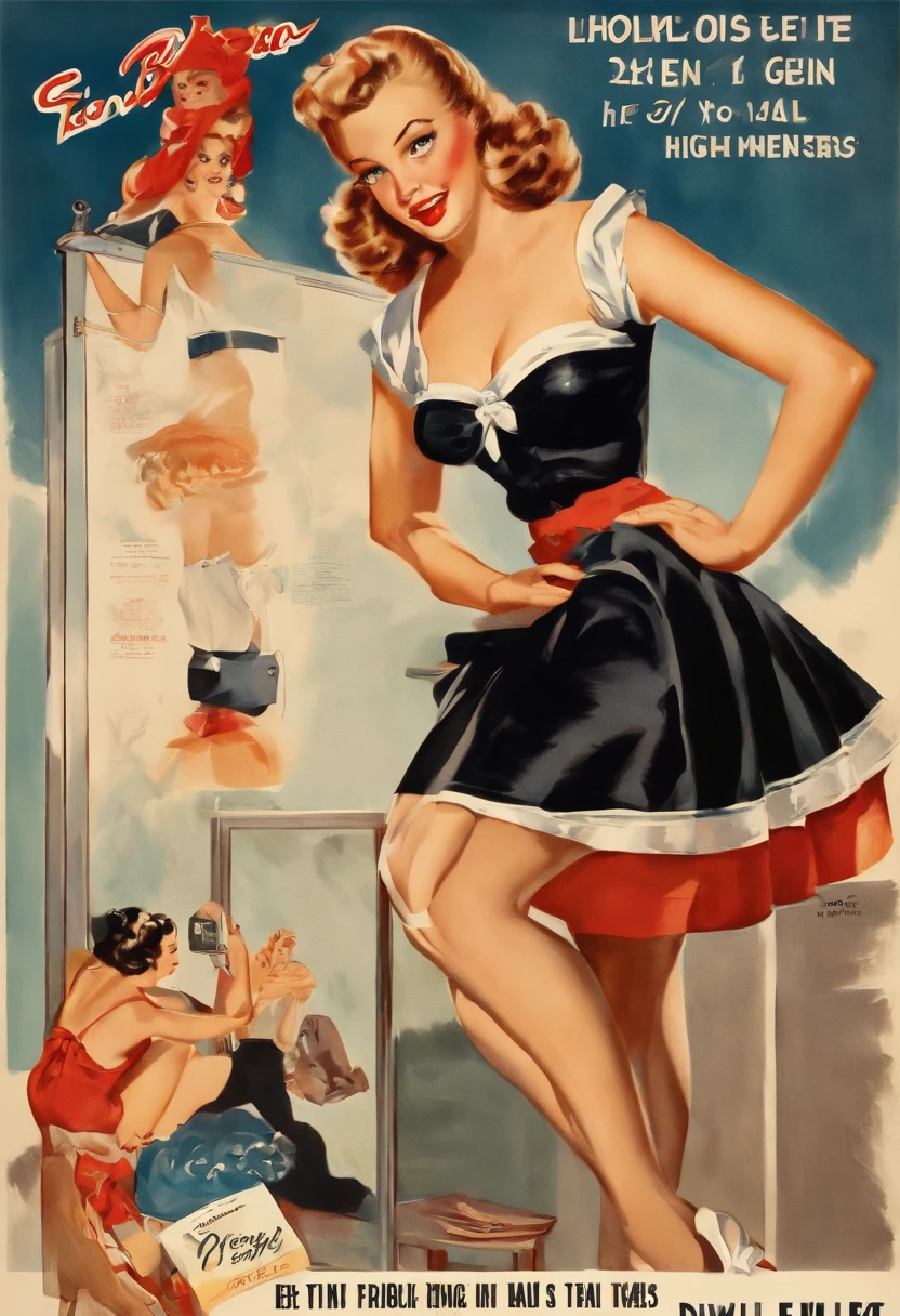 Gil Elvgren painting depicting watercolor vintage 1940s black hair girl caught changing in black lingerie, has uh-oh expression on face and standing in changing room art print, in the style of vintage-inspired pin-ups, black, gil elvgren, high-contrast shading, naturalistic proportions, use of fabric, large canvases, looking at viewer, uh-oh expression on face, pin up girl, vintage 1940s, no arguments, --ar 16:9 --v 5.2s