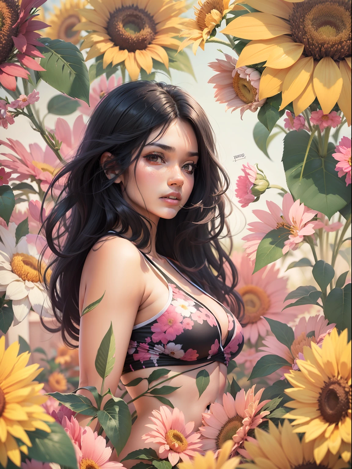 Full Body Girl, corpo definido e seios fartos, Wearing short black bikini with long black hair, Surrounded by various pink and sunflower flowers, imagem de estilo realista, Cercado pelo design de camiseta Vector VibraPrint Ready, fundo branco, side view, etiqueta, fundo branco limpo, vetor profissional, High detail, design de camisetas, vibrante.