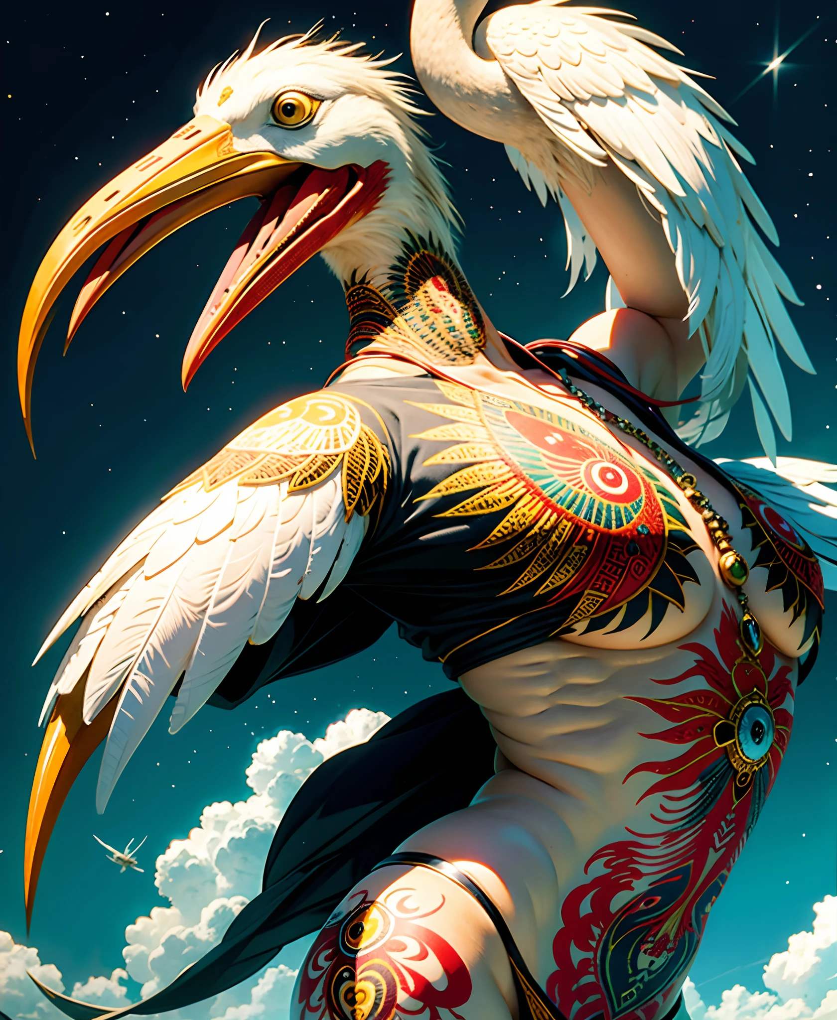 Stork, aztec, tattoo, embroidery, colorful, embroidered