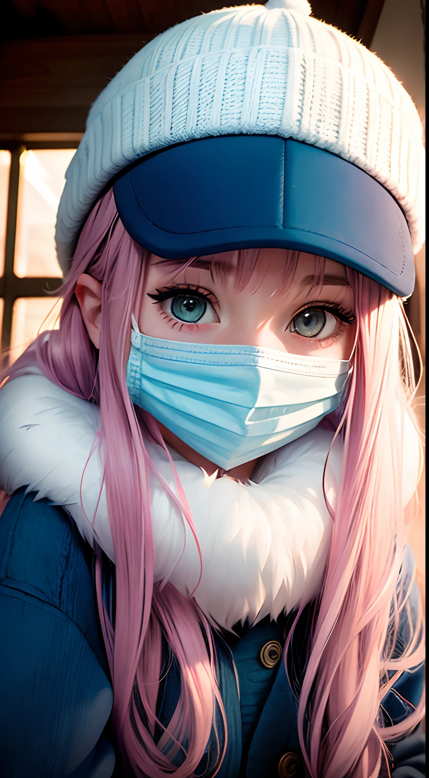 cute girl  portrait, fluffy, long hair , hair coloured white and blue, cap hat, three layer flexible knited face mask