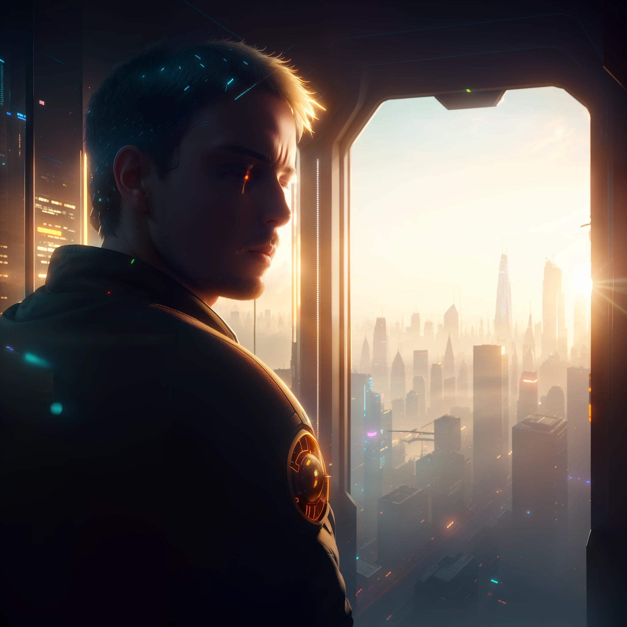 there is a man looking out of a window at a city, cinematic beeple, in front of a sci fi cityscape, artem demura beeple, beeple. octane render, 3 d render beeple, in style of beeple, cyberpunk art ultrarealistic 8k, beeple and mike winkelmann