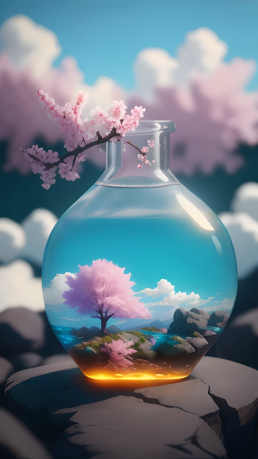 Cherry blossom tree grows on top of a tiny gravel cliff inside a beautiful artistic bottle , fluffy blossoms, fluffy blue clouds, realisticlying，Atmospheric light refraction，Photo by Lee Jeffries，Nikon D850 Film Stock Photo 4 Kodak Portra 400 Camera F1.6 shots，rich colours，hyper realistic lifelike texture，dramatic lighting，unreal engine trending on artstation cinestill 800，Style-Glass