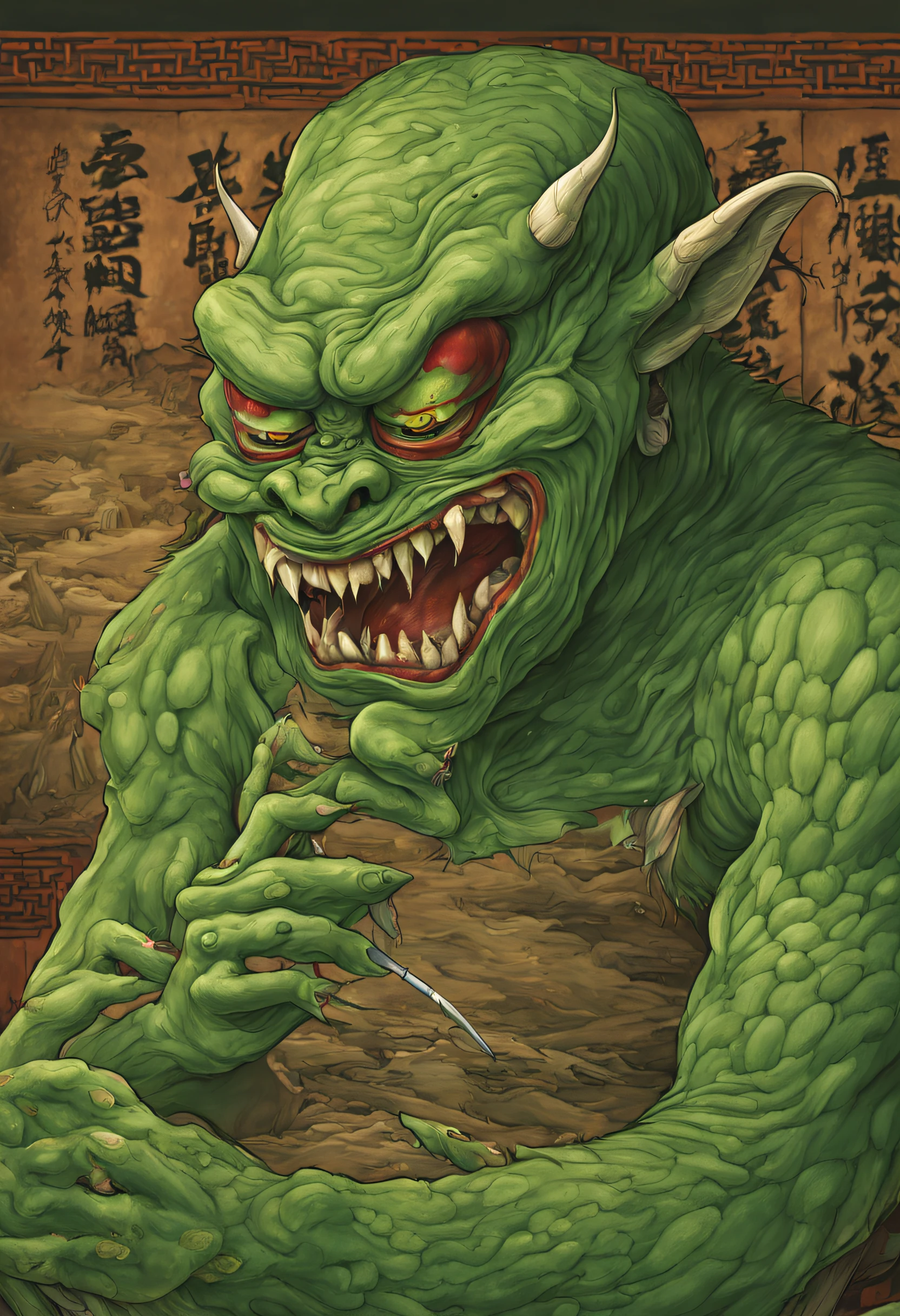 In an ancient Chinese study room, a green-faced and fanged monster is drawing on a piece of human skin, horror style
