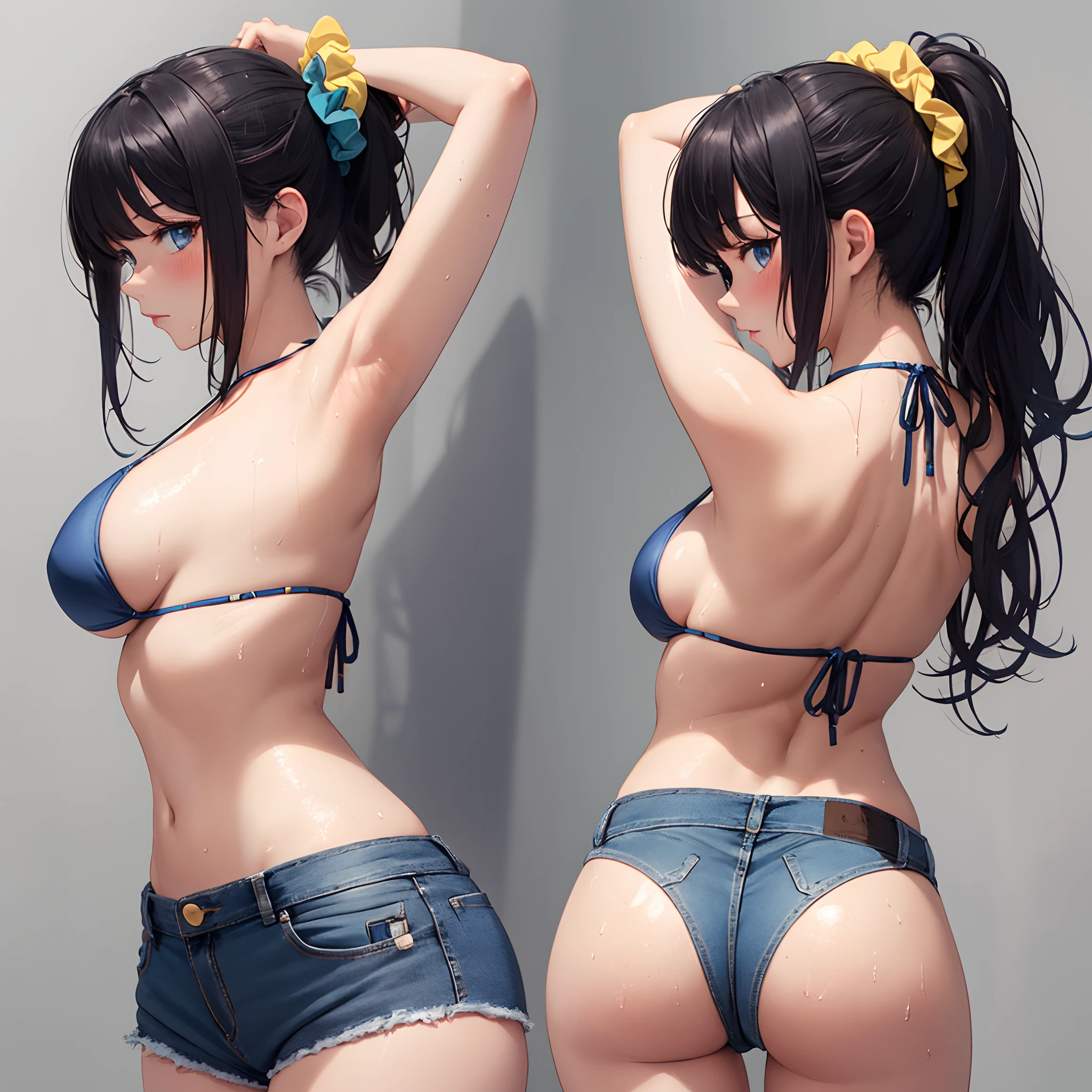 1girl armpits arms_up ass back barefoot bare_arms bare_back bare_shoulders bikini black_hair blue_bikini blue_eyes blush breasts cowboy_shot cutoffs denim denim_shorts from_behind hair_ornament hair_scrunchie halterneck highleg highleg_bikini legs_together long_hair looking_at_viewer looking_back medium_breasts micro_shorts ponytail scrunchie shorts simple_background solo standing swept_bangs swimsuit thighs wet white_background yellow_scrunchie