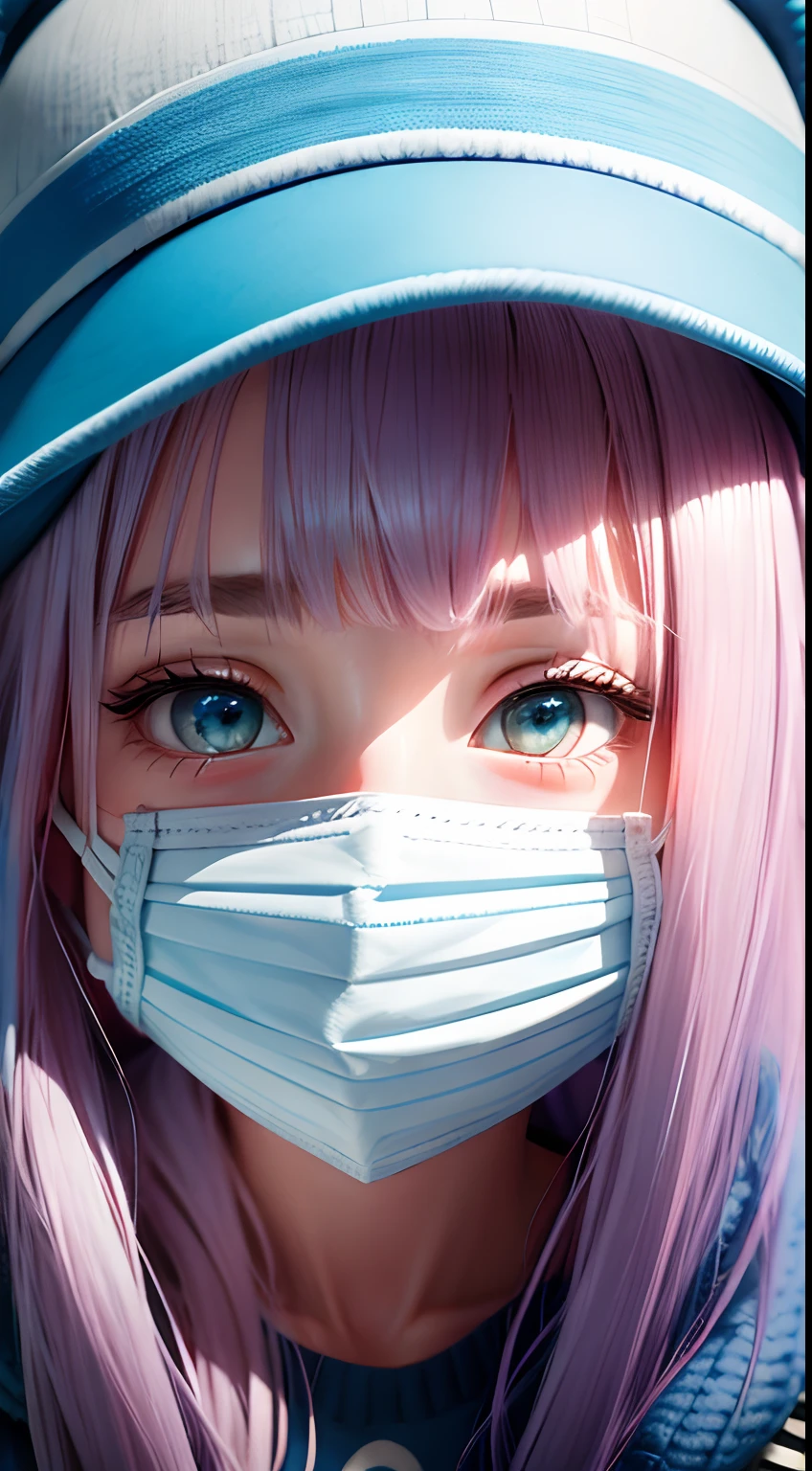 cute girl portrait, fluffy, long hair , hair coloured white and blue, cap hat, three layer flexible knited face mask