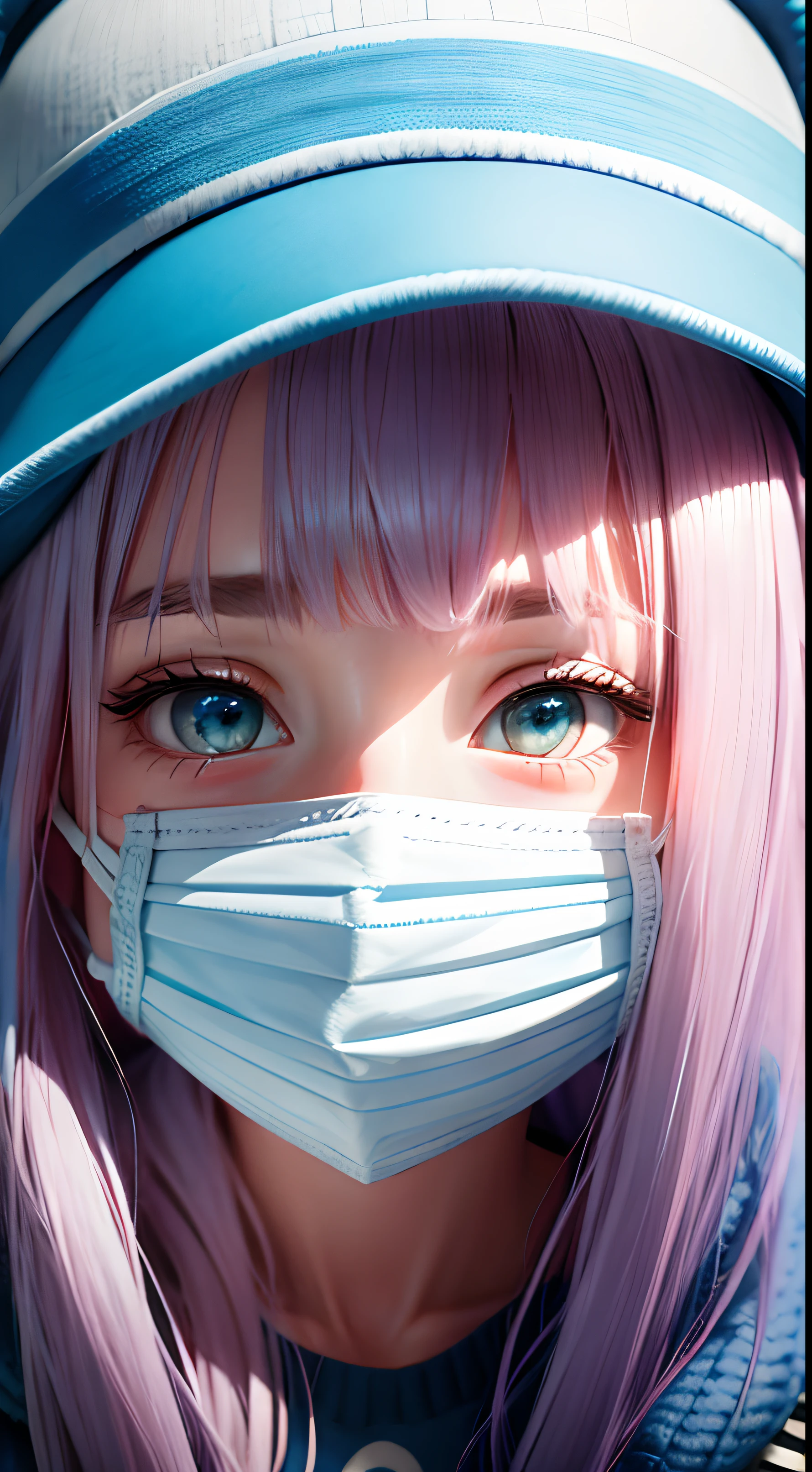 cute girl portrait, fluffy, long hair , hair coloured white and blue, cap hat, three layer flexible knited face mask