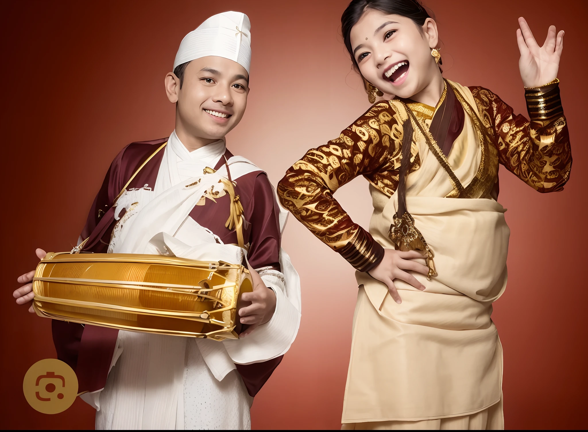 two children in traditional clothing holding musical instruments and waving, traditional clothes, traditional clothing, wearing traditional garb, wearing authentic attire, assamese, traditional costume, ethnic group, traditional dress, wearing bihu dress mekhela sador, new musical instruments, ghutra and egal, promo image, traditional, promotional image, ethnic, portrait shot, diverse costumes