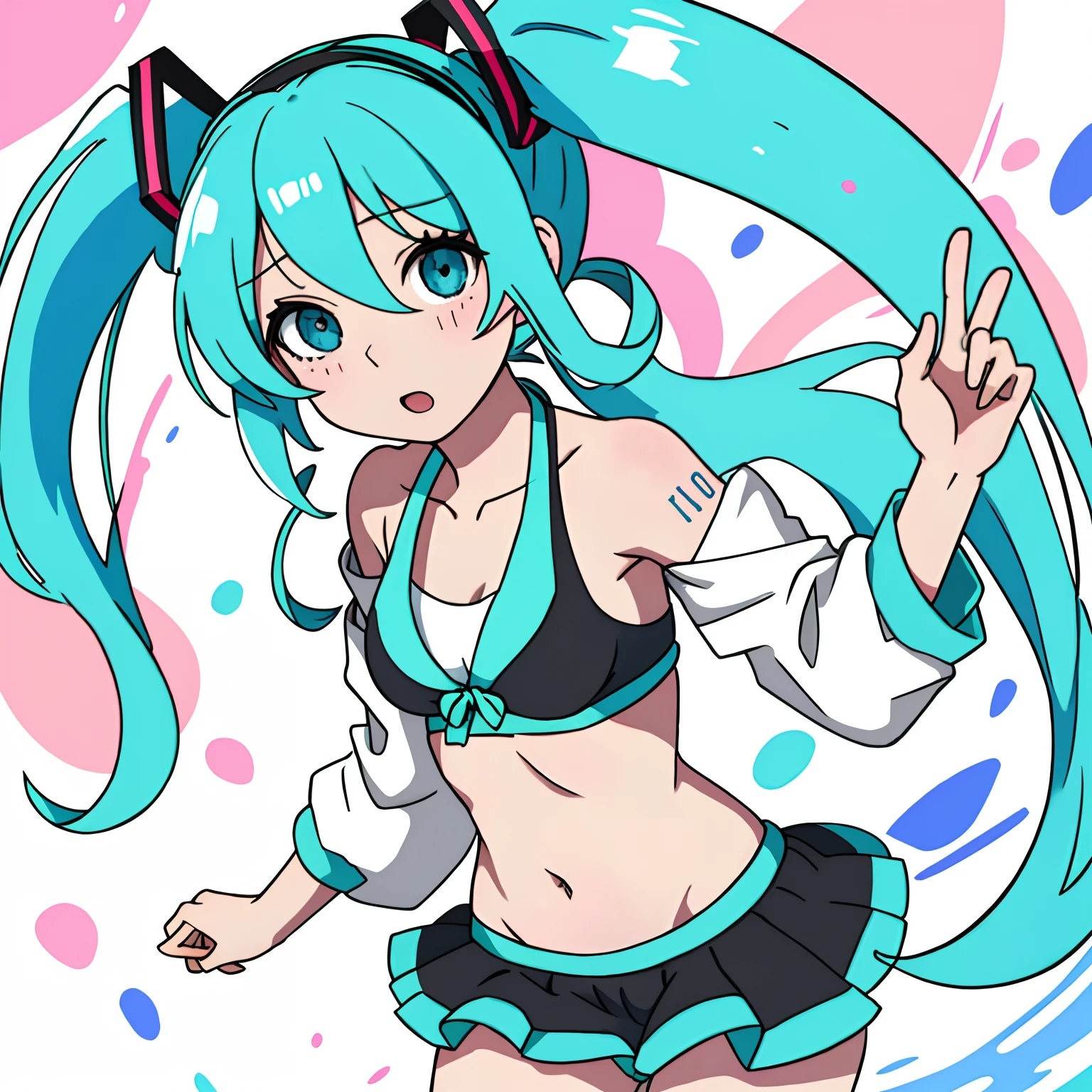 Hatsune Miku, Obra maestra, Parte superior del cuerpo, Manos apretadas, frustrado, egasumi, pervertido, small bikini, lewd face, normal Chest,