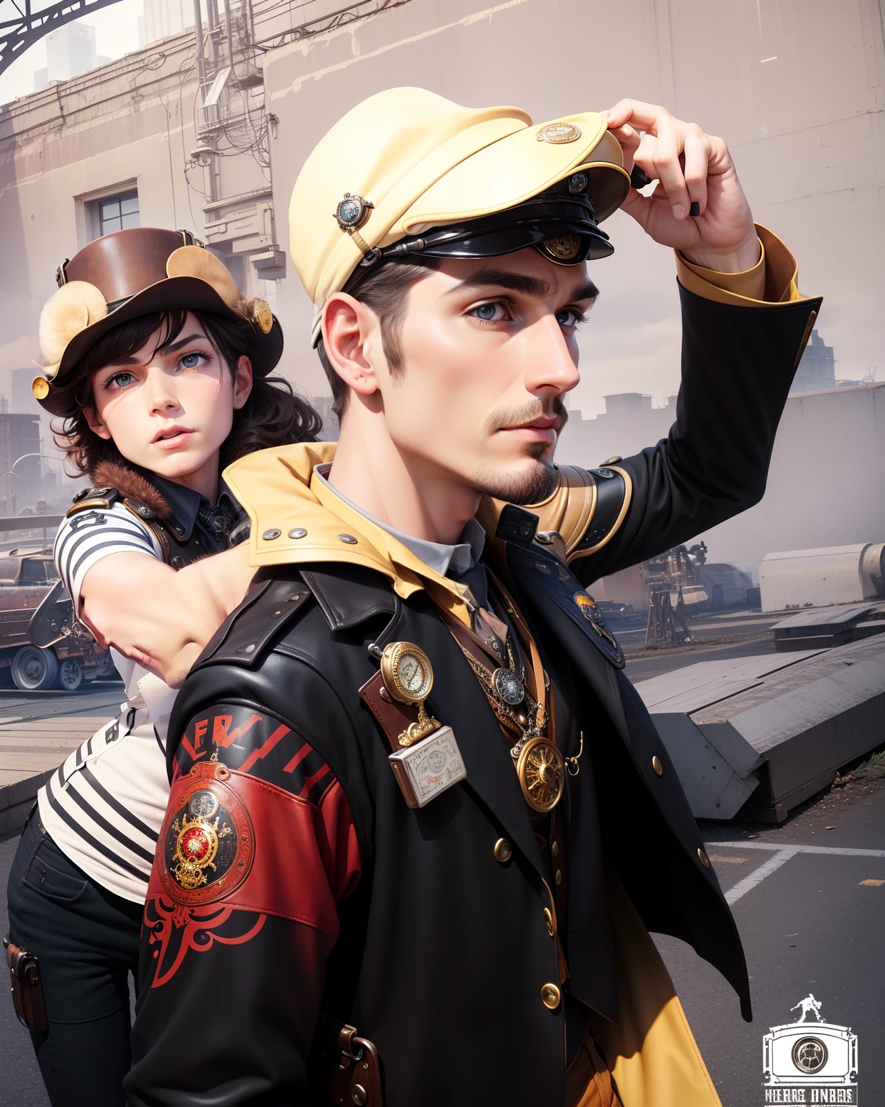 um Home Detective, Conceptual Art, Realism, Godley, Film Lighting, Multiview, Canon, UHD, High Detail, High Quality, HD, 16k,Steampunk,Handsome and slender young man,,Steampunk,Vintage Pilot Goggles,Leather Jacket,Leather Vest,Leather Pants,White Shirt,Top Hat,(Face: 1.3)Face, Detailed face, perfect eyes, serious expression, short haircut, industrial background, intricate details, natural light, correct anatomy, good composition, masculine image, manly, refreshing and clear skin texture, holding a pistol in the right hand
