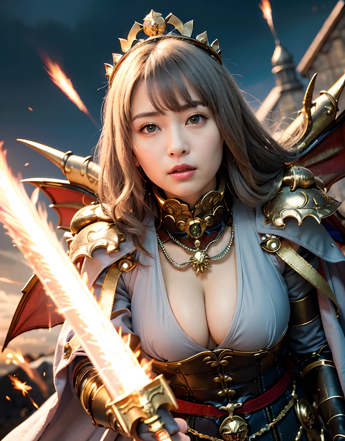 Professional , masterpiece、top-quality、photos realistic , 、top-quality、超A high resolution、(Photorealsitic:1.4)、Raw photo、depth of fields (Gemstone Gold Metal Body:1.9),(Matte White、Toostock、cleavage of the breast、(cleavage of the breast)、(Detailed Dragon Armor)、(Have the strongest weapon)、((Random Hairstyles 1.6),Dark Fantasy,)explosions、intense fighting、(Precipitous cliffs),Dragon Gold Weapon,Mystical expression、Particles of light、Fight dragons、(Detailed Dragon Helmet),Gorgeous Silver Weapons ,(( Dragon's dense and gorgeous sword)) , Beautiful knife ,warhammer 40k ,Detail and gorgeous crown、((Blue hair))、(Castle background)、、((Gangle's forest background))、Beautiful Caucasian beauty、1a person、dynamic ungle,((()))、Smaller head、A smile、Castle background、Thin and beautiful female hands、cleavage of the breast、Soldier in iron armor on background、Mystical expression、Light Effects、intense fighting、Wind-effect、magic circles、With the legendary magic wand、(demonic wings)、Toostock、