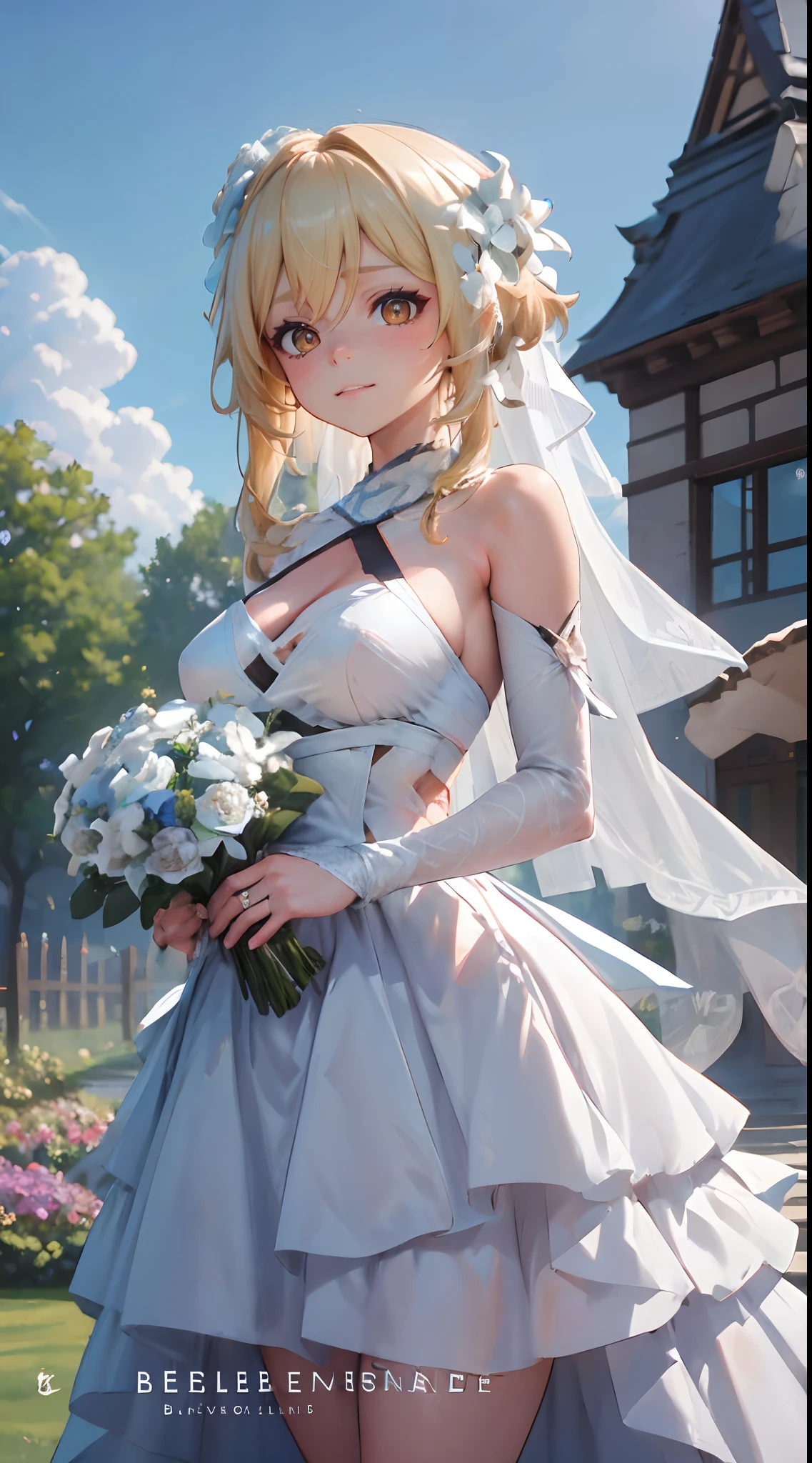 Lumine | genshin impact, master-piece, bestquality, 1girls,25 years old, proportional body, proportional., Wedding Dresses, White Wedding Dress, Long skirt, wedding, mediuml breasts, ,bara, Standing in the middle of a flower garden, outdoor, wedding, The sky is beautiful, Both hands hold a bouquet of flowers.................................., View viewers from the front., Thigh strap, Head tilt, bored, 10, 10, HD, slight smile,