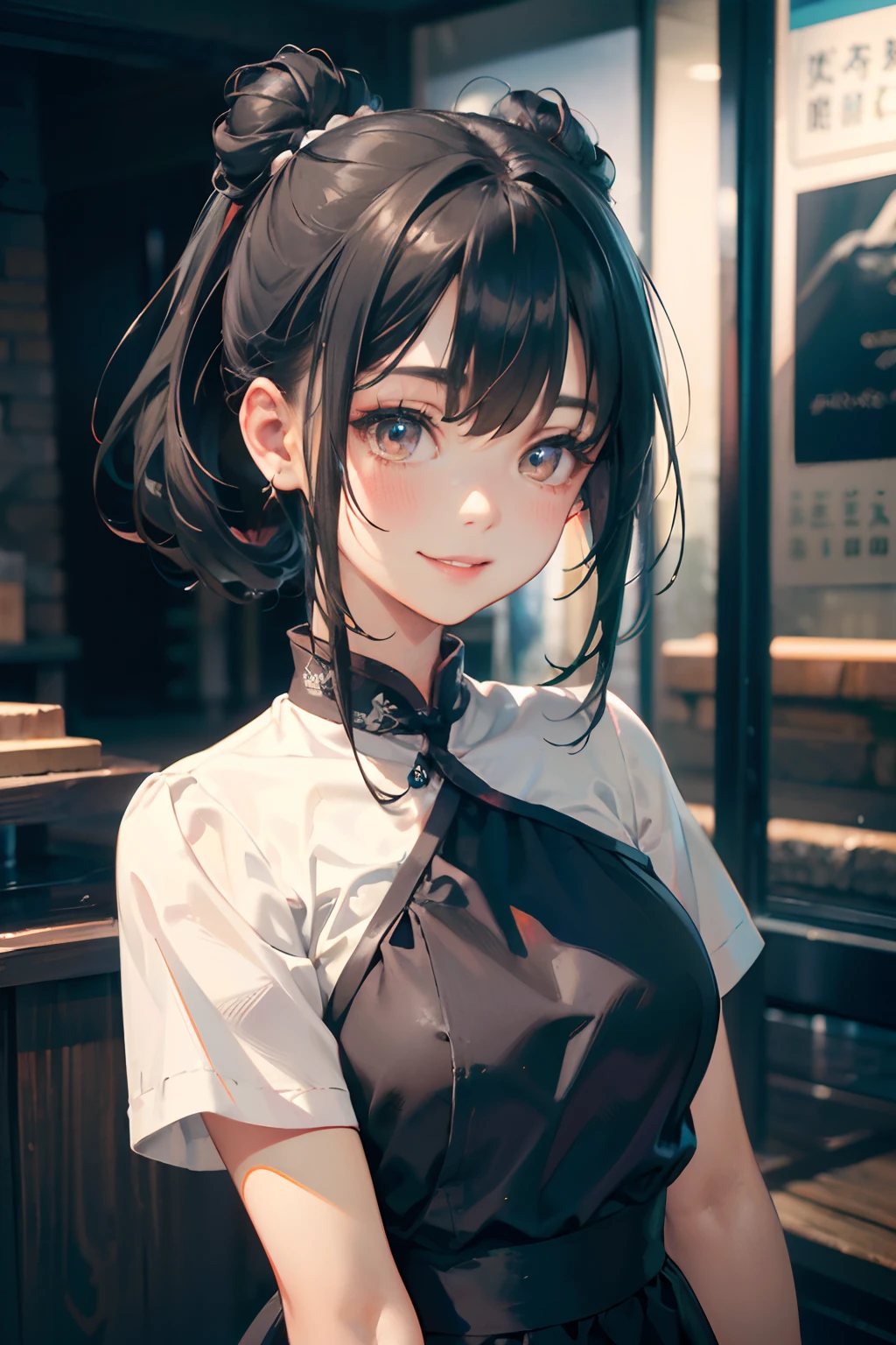 a 20 yo woman、Black blue Hair、poneyTail、Bun hair、Big smile、(hi-top fade:1.3)、dark themed、Muted Tones、Subdued Color、highly contrast、qipao dress、(natural skin textures、Hyper-Realism、Soft light、sharp)
