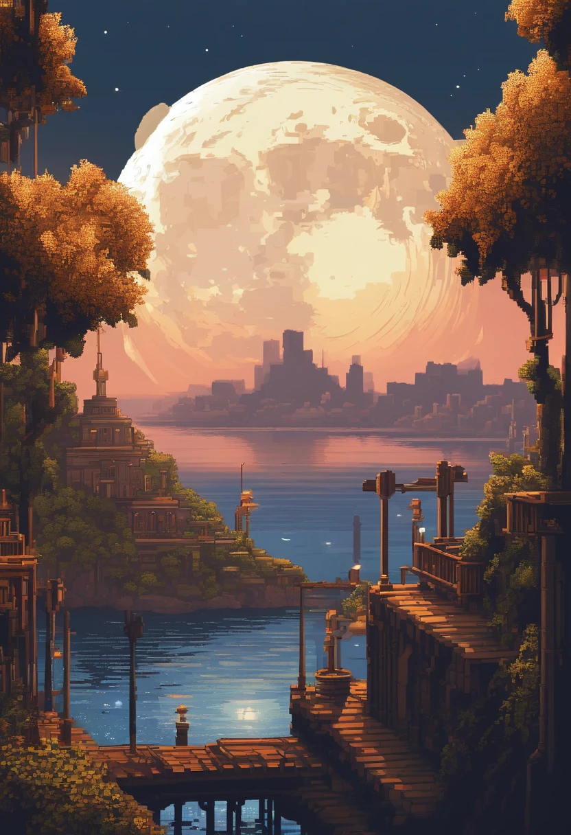 Pixel art of giant moon rising on calm sea, Run-down city,war scenario,top views,beautiful detailed pixel art, detailed pixel art, lo-fi retro videogame, concept pixelart, detailed pixel artwork, Pixel art style, pixel town, pixel art animation, high quality pixel art, Sunken warship, super detailed color lowpoly art, #pixelart:3, # pixelart, #pixelart