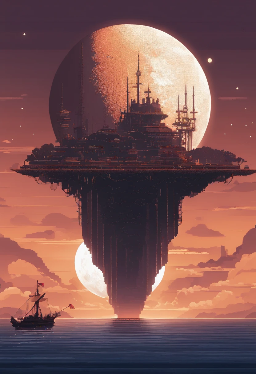 Pixel art of giant moon rising on calm sea, Run-down city,war scenario,top views,beautiful detailed pixel art, detailed pixel art, lo-fi retro videogame, concept pixelart, detailed pixel artwork, Pixel art style, pixel town, pixel art animation, high quality pixel art, Sunken warship, super detailed color lowpoly art, #pixelart:3, # pixelart, #pixelart