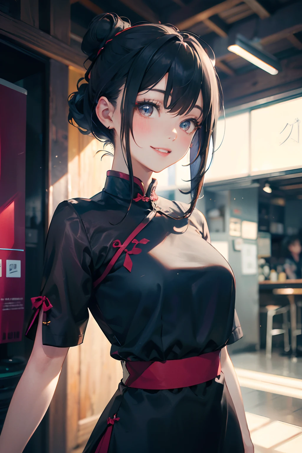 a 20 yo woman、Black blue Hair、poneyTail、Bun hair、Big smile、(hi-top fade:1.3)、dark themed、Muted Tones、Subdued Color、highly contrast、qipao dress、(natural skin textures、Hyper-Realism、Soft light、sharp)