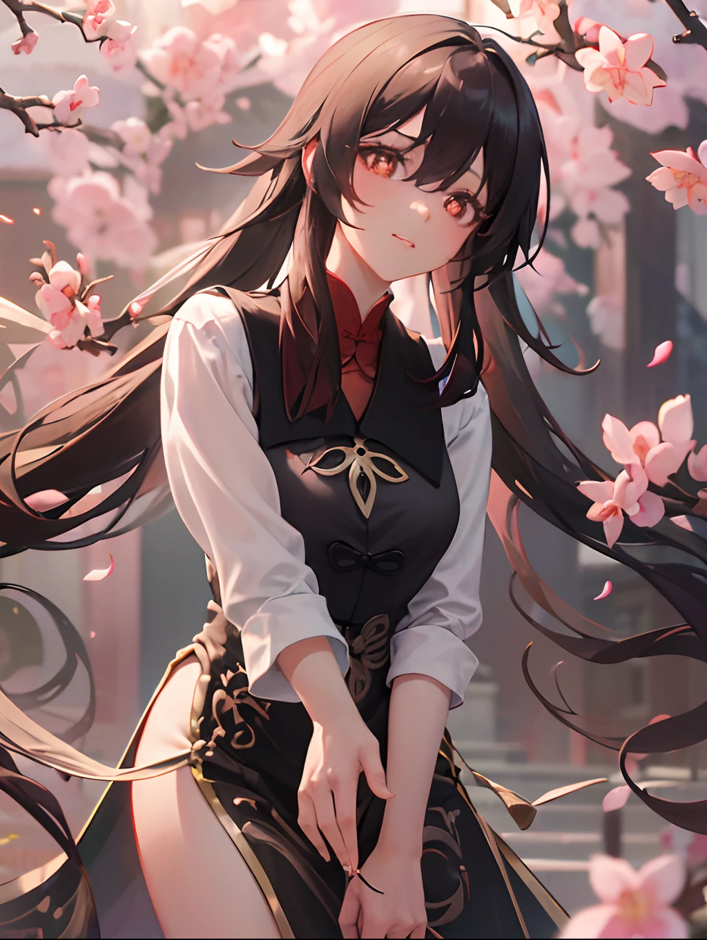 (best quality:1.2,4k,8k,highres,masterpiece:1.2),ultra-detailed,(realistic,photorealistic,photo-realistic:1.37),HDR,UHD,studio lighting,ultra-fine painting,sharp focus,physically-based rendering,extreme detail description,professional,vivid colors,bokeh,(portraits:1.1,anime),(landscape:1.1,concept artists),hu Tao,the girl,beautiful detailed eyes,beautiful detailed lips,extremely detailed eyes and face,long eyelashes,traditional Chinese clothing,emerald-colored dress,flowing black hair,wispy bangs,serene expression,graceful posture,standing near a blooming cherry blossom tree,the tree branches are lush,colorful cherry blossom petals are floating in the air,soft sunlight filters through the leaves,illuminating the scene,creating a dreamy atmosphere,subtle warm color tones to enhance the mood.