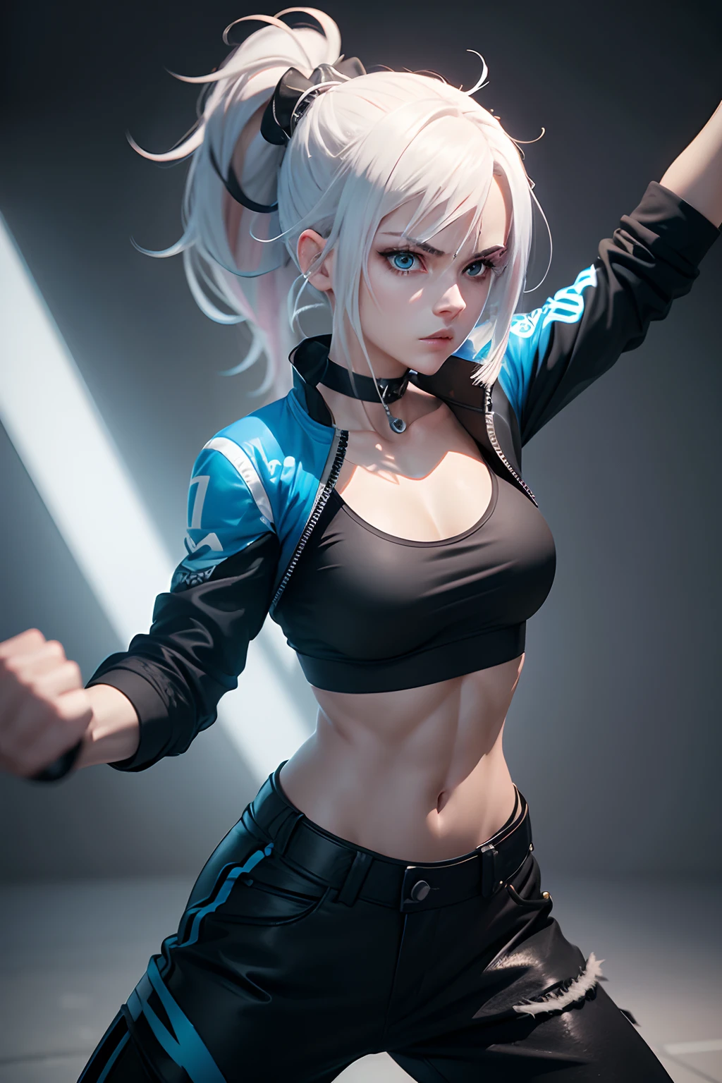 2D, unity, octane render, raytracing, white pinkish haired ponytail woman wearing black crop-top and blue jacket and black trousers, fighting stance pose, closed fists, anime style character, blue eyes, black tattoos on neck and waist