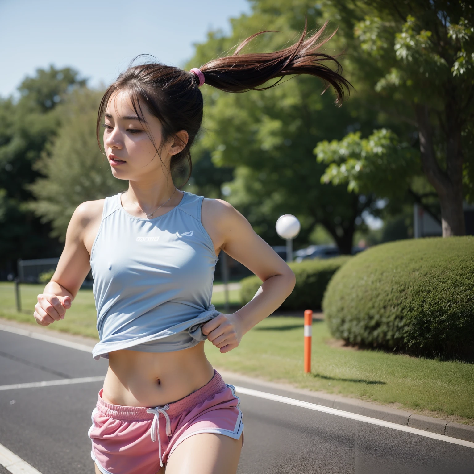 1 girl, solo, running, Gray Track Top, pink shorts, ponytail, athletic build, dynamic brushstrokes, fluid movement, capturing the essence of her athleticism and energy, using light colors and soft tones to create a dreamy and ethereal atmosphere, portraying the motion and grace of running, showing the wind blowing her short hair and clothes, and the scenery of her surroundings, flat chest,
outdoors, detailed background, Modern metropolis,