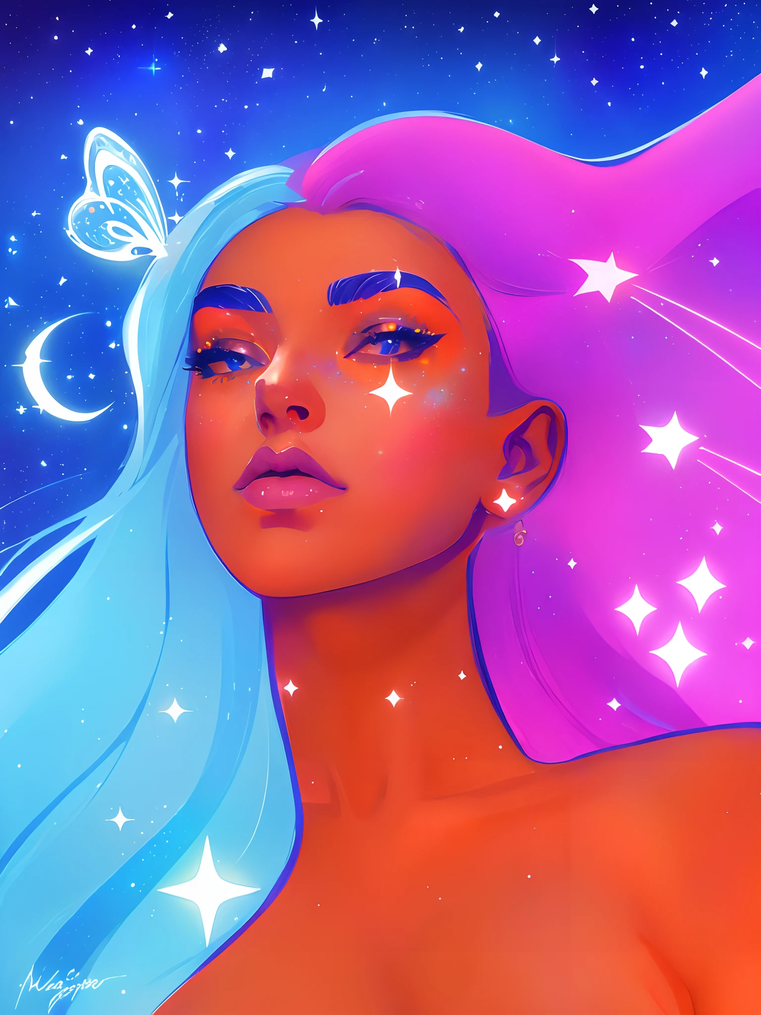 ((masterpiece))pretty female portrait, dreamy cosmic, galaxy colors, stunning art, celestial sky, sunset, glittering stars and comets, brilliant colors, high contrast, luminous, galaxy, galactic, sweet expression