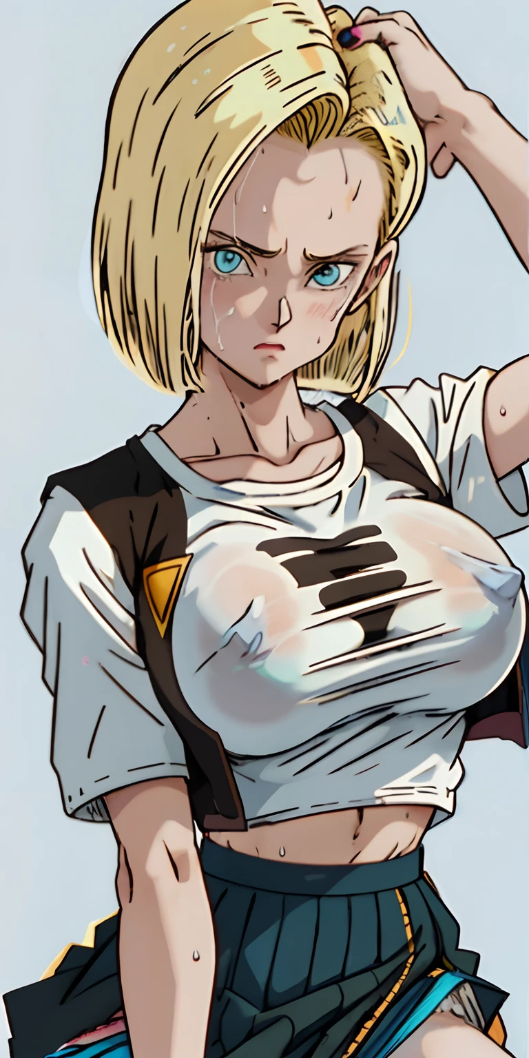 Android 18 lifting a car over her head, she's wearing her classic blue skirt and black jacket with striped sleeves. her tiny pink panties are peeking out of her skirt. She is soaked with sweat. (sweat soaked) her chest strains the fabric of her white t-shirt and massive, sweaty, gigantic breasts are partially visible through her soaked t-shirt. (scared) (huge breasts) (oversized breasts) (blonde hair)