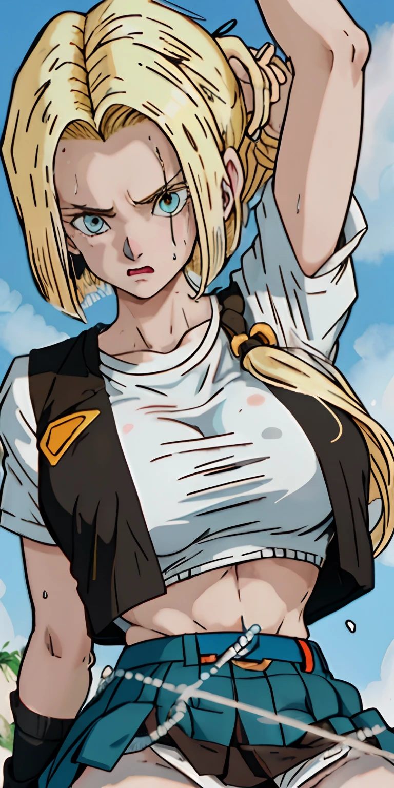 Android 18 lifting a car over her head, she's wearing her classic blue skirt and black jacket with striped sleeves. her tiny pink panties are peeking out of her skirt. She is soaked with sweat. (sweat soaked) her chest strains the fabric of her white t-shirt and massive, sweaty, gigantic breasts are partially visible through her soaked t-shirt. (scared) (huge breasts) (oversized breasts) (blonde hair)