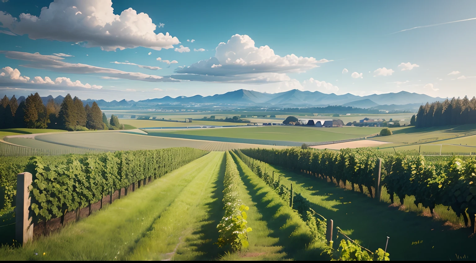 Green vineyard field on the left and right of the picture. Es ist ein breiter Weg in der Mitte, resulting in a brown-gray hill of Washington in the background. In the picture you can see blue sky with white clouds. The perspective is straight