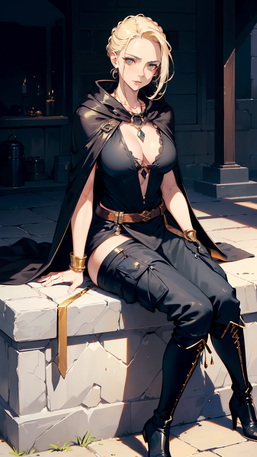 (((((middle age woman))))), masterpiece, ultra detailed, 8k portrait, RAW photo, portrait photography, highly detailed face, beautiful and meticulous eyes, ((Fantasy)), 1 woman, (((cool middle aged face))), grin, Adult beautiful, 32 years old, (((drooping eyes))), (((sitting on slave))) and (((spread legs))), (((Slicked back blond hair))), (((white skin color))), Luxury, ((black and gold lightly dressed)), ((loincloth)), (((black cargo pants))), (((big collar transparent long cloak))) fluttering in the wind, (((leather boots))), wearing lot of many accessory, ((jewel necklace)), (((holding a short sword))), neckline, Midday Sun, hyper realistic, athletic body, beautiful real sculptural body, big breasts, Beautiful breasts, Long legs, in the medieval merchant guild, , Ambient lighting, Shadow details , Camera focus on thigh, strong breeze, Light fog