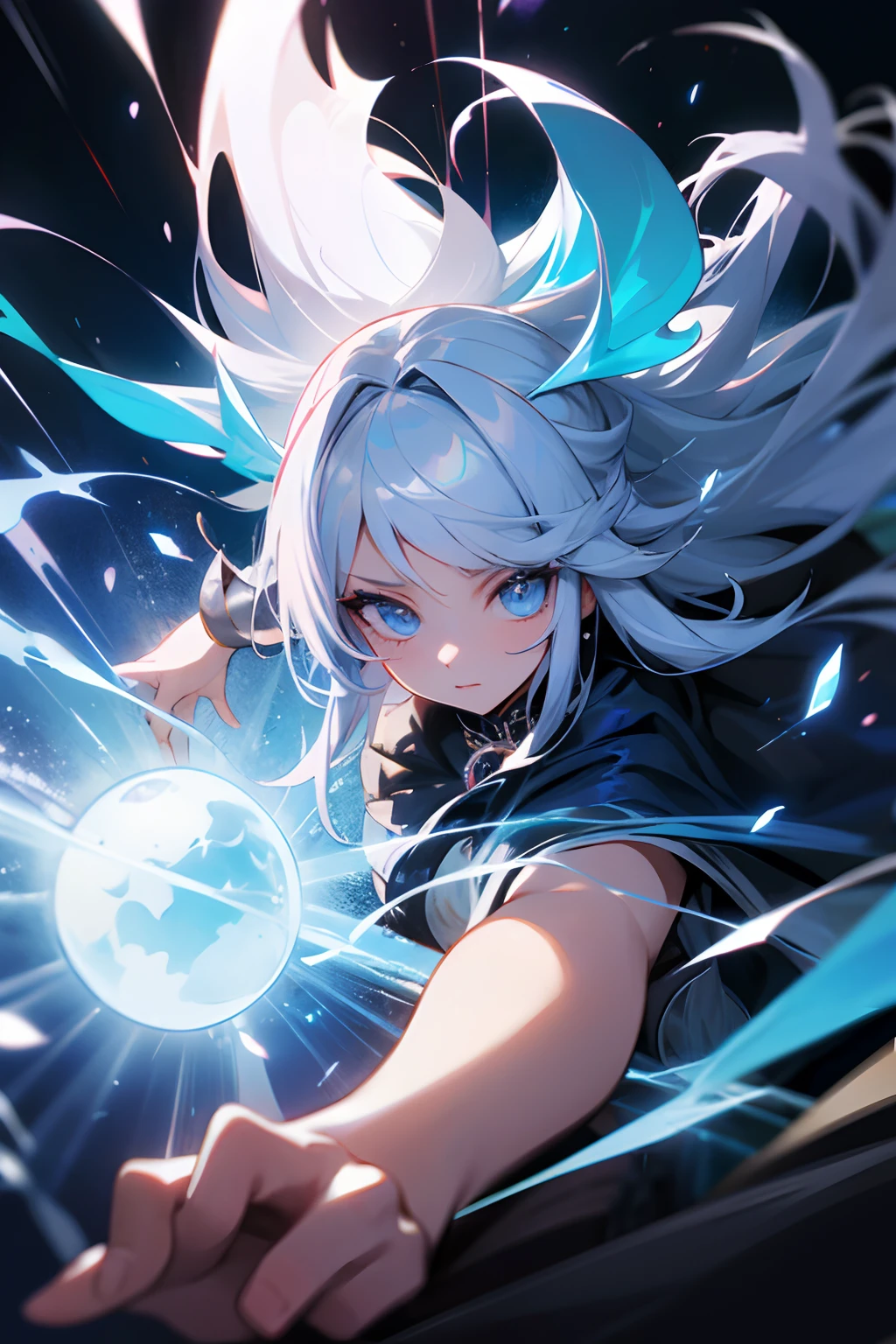 sorcerer,silber hair,blue eyess,attacking magic,Fantasia,a beauty girl,Longhaire