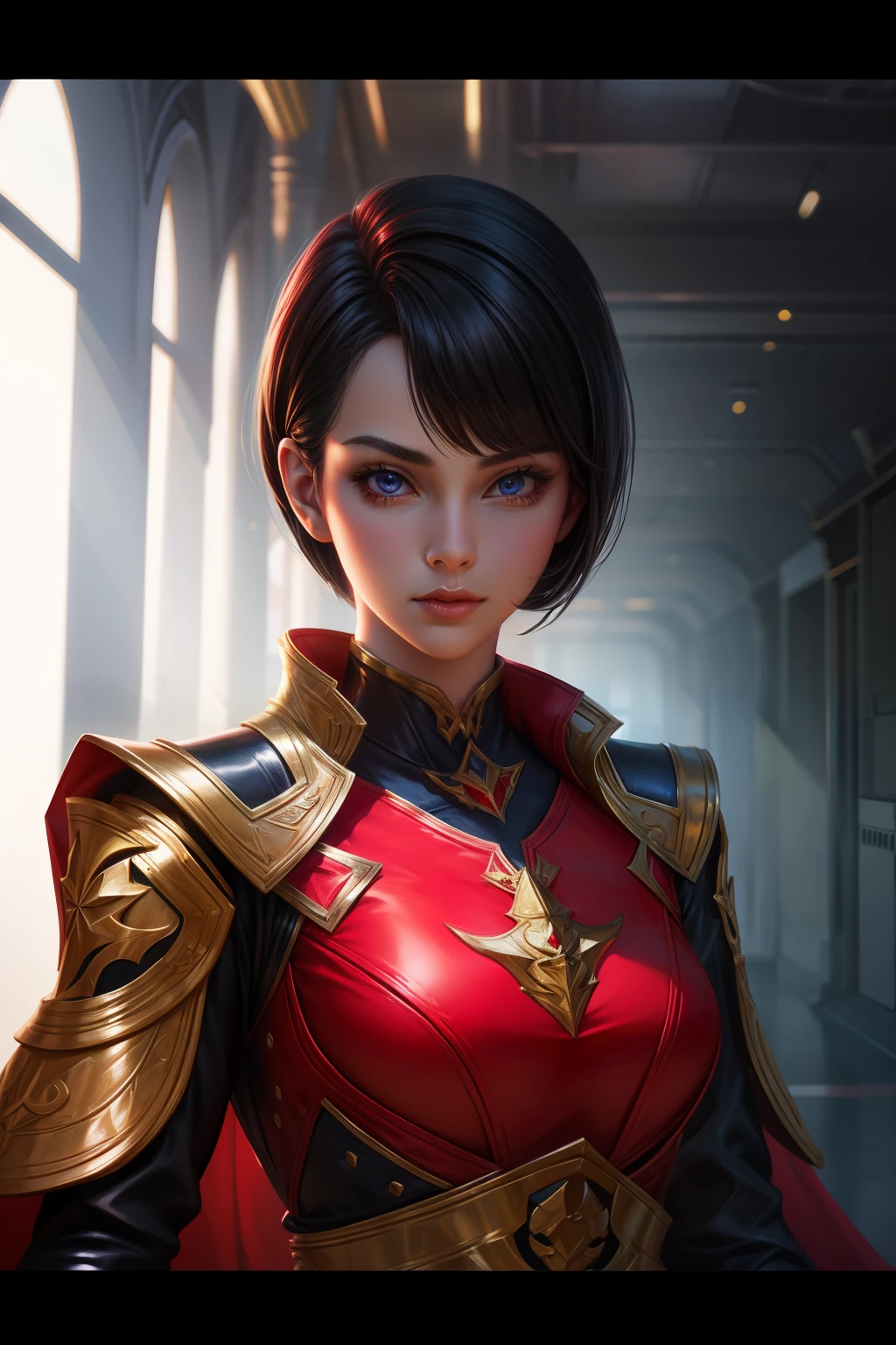 solo, super fine photo, portrait digital art Unreal Engine 5 8K UHD of a girl, concept art, character concept design, wearing red tight shiny suit with metallic details, long black glove, short hair, best quality, masterpiece, super detailed, sharp focus, female pose