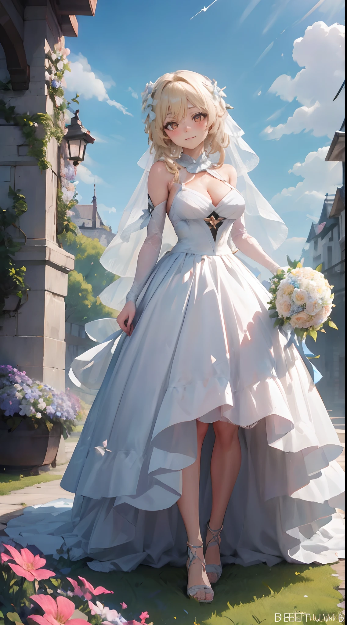 Lumine | genshin impact, master-piece, bestquality, 1girls,25 years old, proportional body, proportional., Wedding Dresses, White Wedding Dress, Long skirt, wedding, mediuml breasts, ,bara, Standing in the middle of a flower garden, outdoor, wedding, The sky is beautiful, Both hands hold a bouquet of flowers.................................., View viewers from the front., Thigh strap, Head tilt, bored, 10, 10, HD, slight smile,
