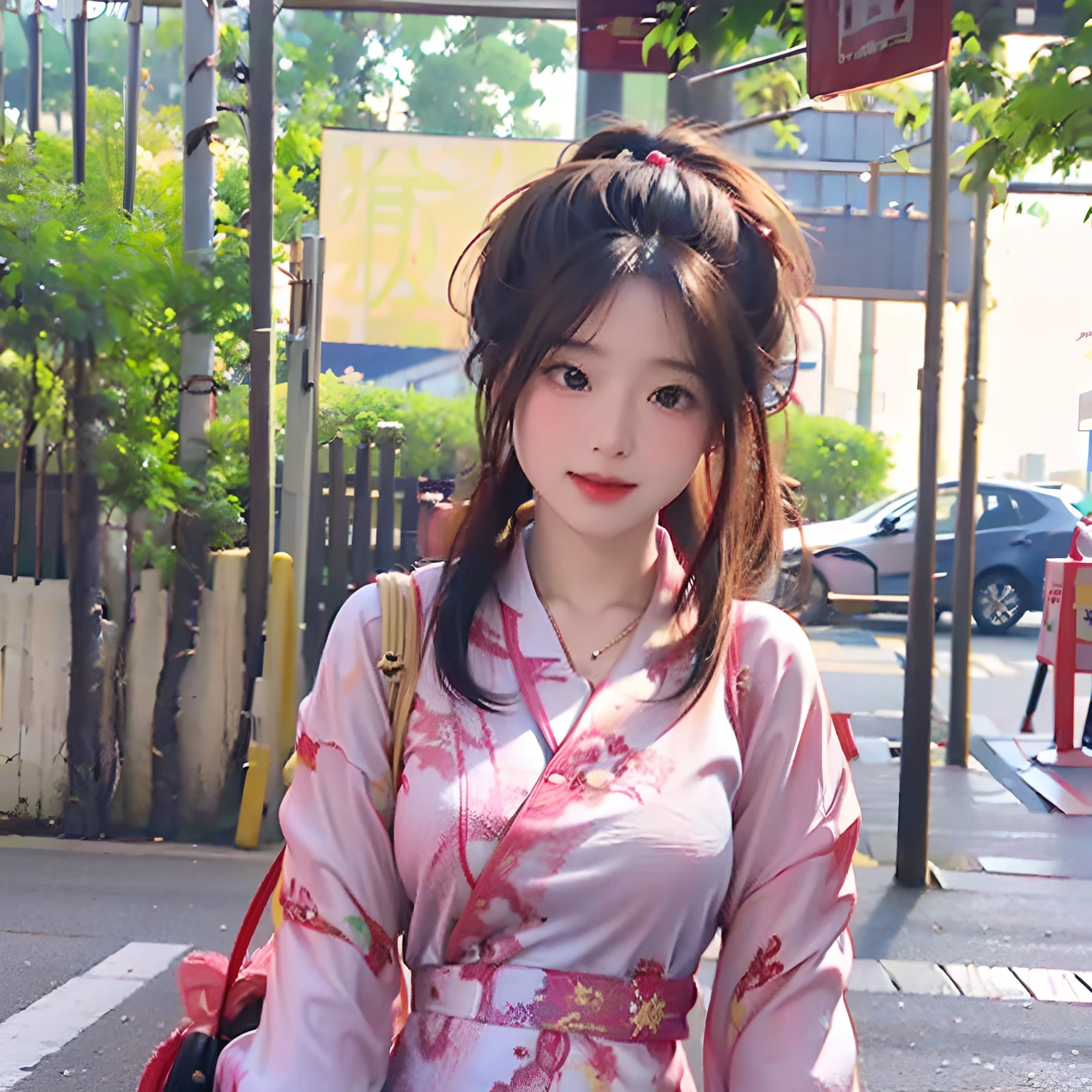 High detail CG，rich details​，On the streets in the sun，One is wearing a cheongsam，The beauty of Hanfu Walking on the streets of Jiangnan Town with a paper umbrella after the rain，The figure is bumpy，Wearing a necklace，耳Nipple Ring