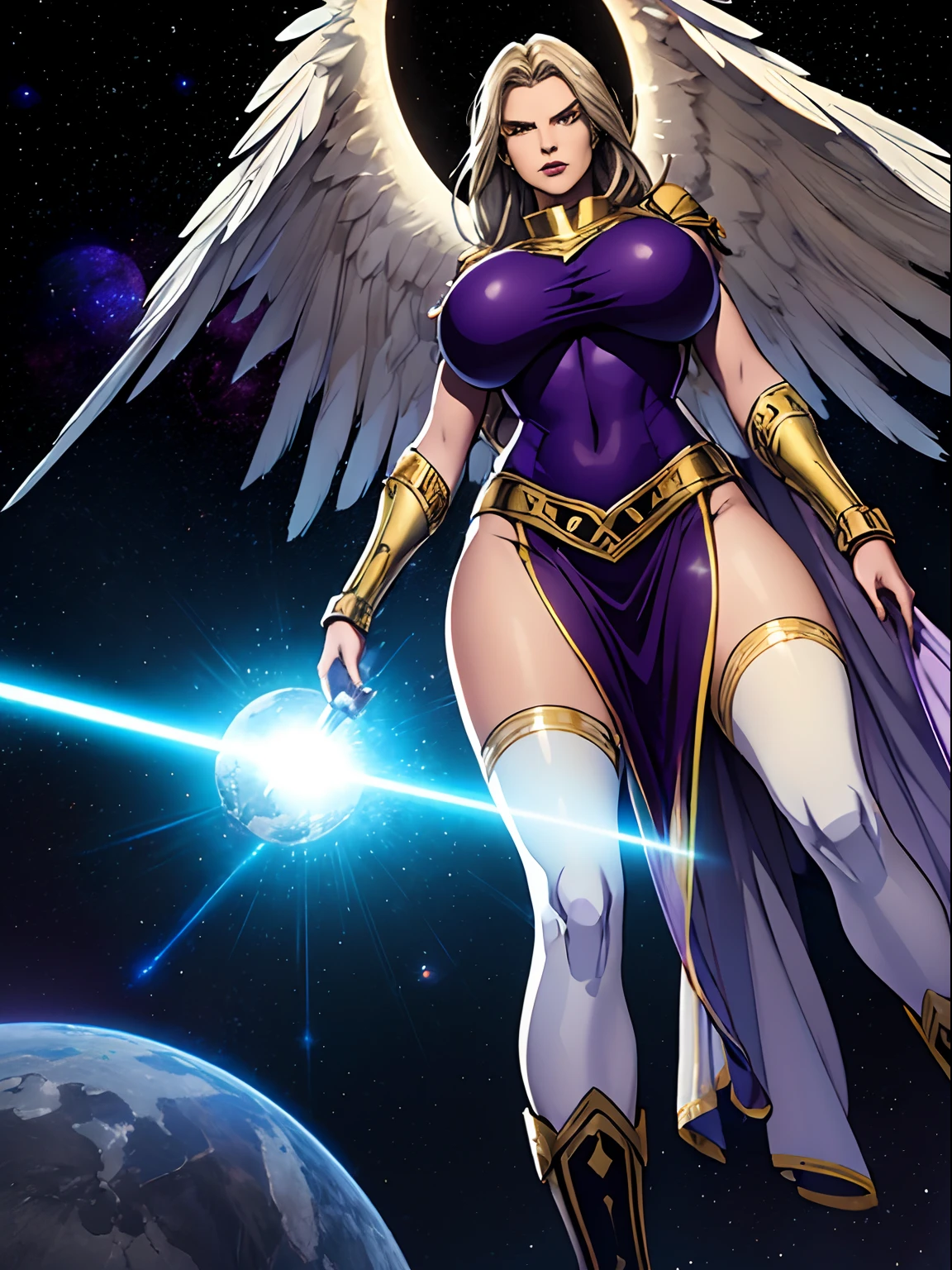 (masterpiece, top quality, best quality, official art, beautiful and aesthetic:1.2), (1girl:1.3), extremely long curly golden hair, extremely detailed, portrait, looking at viewer, solo, (full body:0.6), detailed background, close up, (cool science fiction space theme:1.1), extremely busty valkyrie, charlatan, mysterious, shooting lasers in space, cybernetic angel, huge feathered wings, chrome boob armor, dark purple streamers and skirts and sleeves and knee wrappings, cybernetic implants, mechanical hand, laser cannon, arm cannon, revealing chrome armor, bare midriff, glowing laser energy, halo, intricate armor, ornate chrome armor, sheer white fabric, elegant purple fabric, skirts, streamers, cowl, boots, bracers, ((((gigantic breasts))), slim waist, slim hips, long legs, athletic, SPACE, futuristic moon, (space exterior:1.1) background, dark mysterious lighting, shadows, magical atmosphere, dutch angle