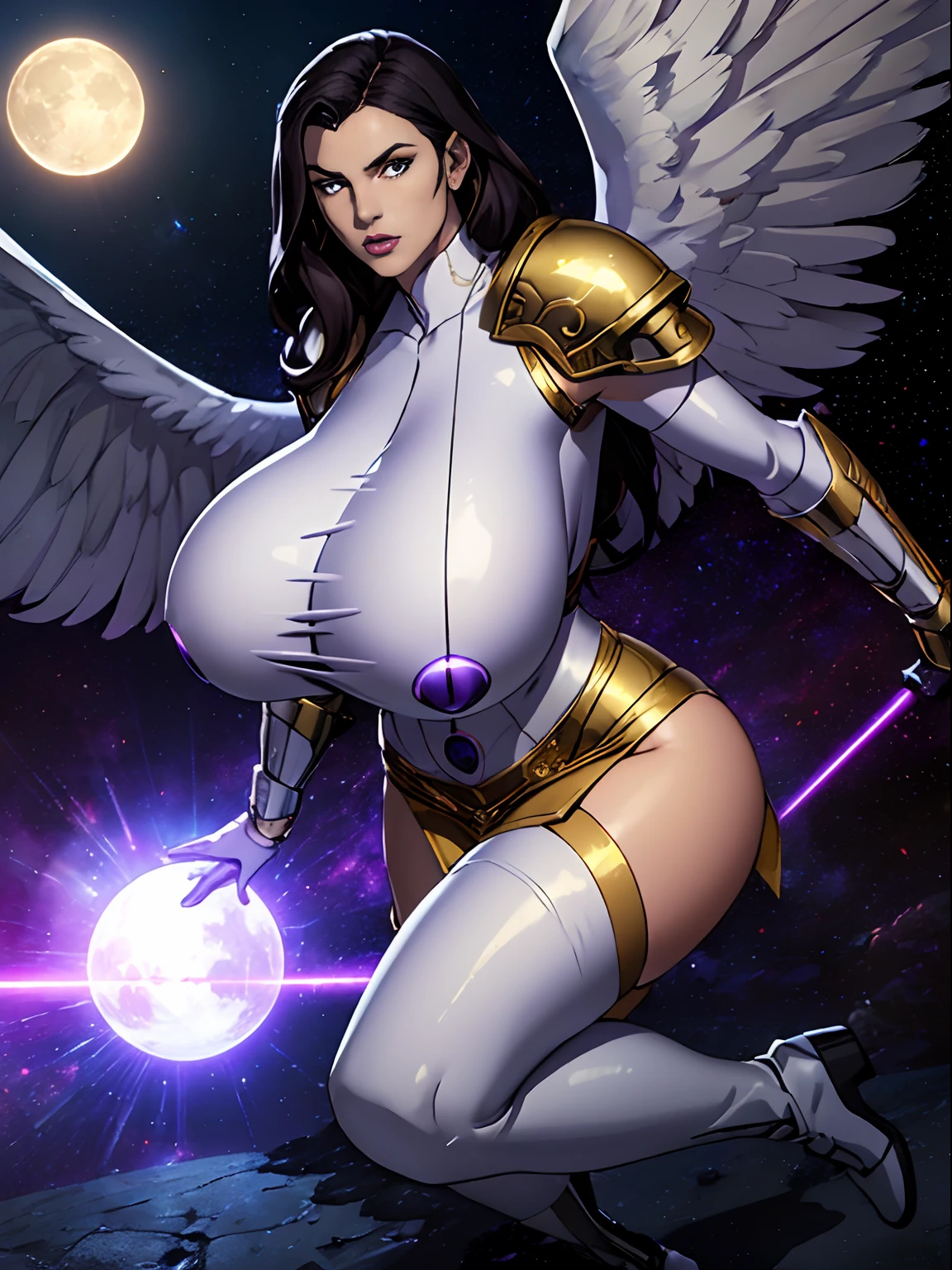 (masterpiece, top quality, best quality, official art, beautiful and aesthetic:1.2), (1girl:1.3), extremely long curly golden hair, extremely detailed, portrait, looking at viewer, solo, (full body:0.6), detailed background, close up, (cool science fiction space theme:1.1), extremely busty valkyrie, charlatan, mysterious, shooting lasers in space, cybernetic angel, huge feathered wings, chrome boob armor, dark purple streamers and skirts and sleeves and knee wrappings, cybernetic implants, mechanical hand, laser cannon, arm cannon, revealing chrome armor, bare midriff, glowing laser energy, halo, intricate armor, ornate chrome armor, sheer white fabric, elegant purple fabric, skirts, streamers, cowl, boots, bracers, ((((gigantic breasts))), slim waist, slim hips, long legs, athletic, SPACE, futuristic moon, (space exterior:1.1) background, dark mysterious lighting, shadows, magical atmosphere, dutch angle