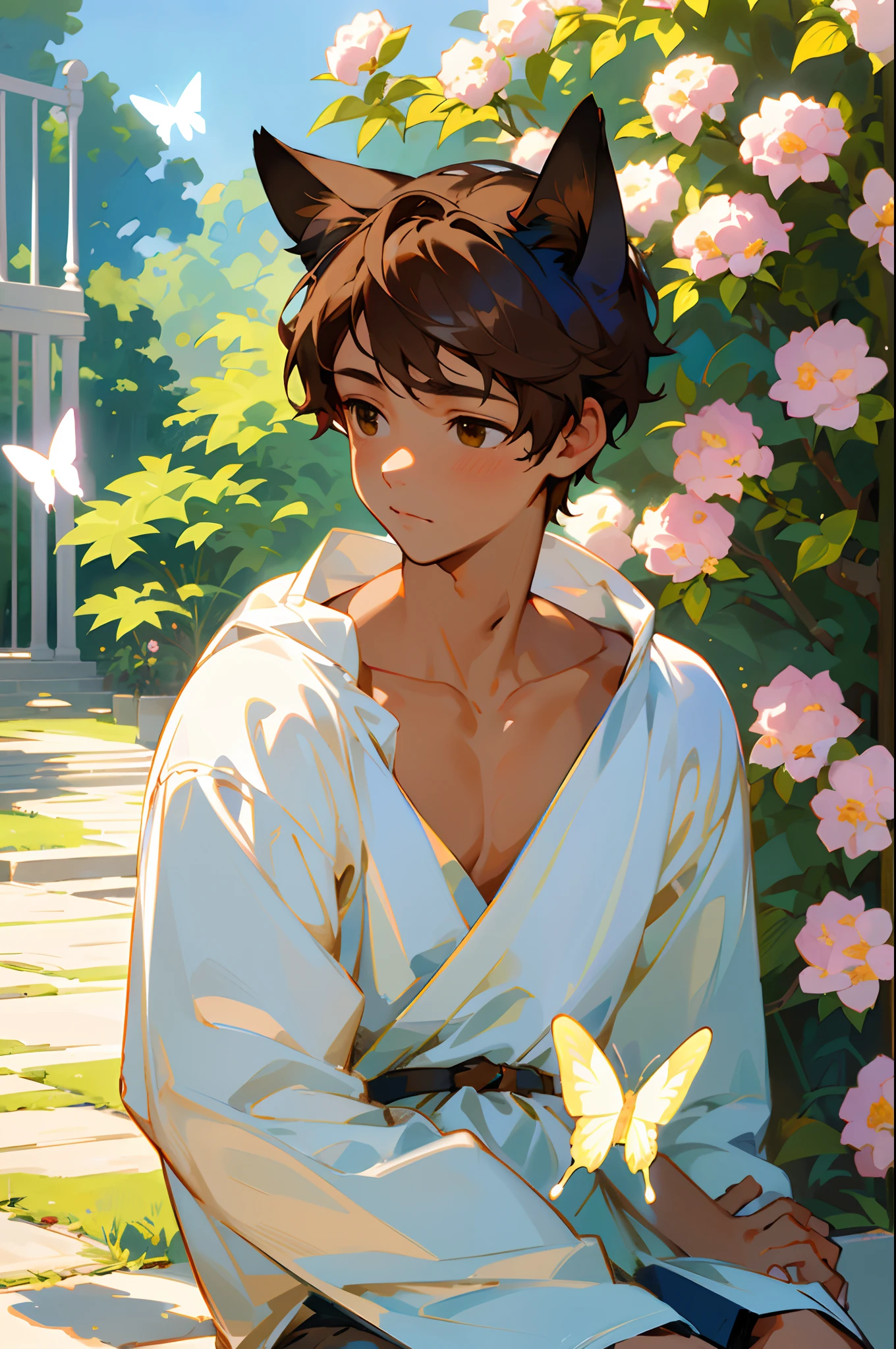 (best quality, masterpiece, ultra-realistic), portrait of 1 beautiful and delicate boy, with a soft and peaceful expression, the background scenery is a garden with flowering bushes and butterflies flying around, cat ears, cat tail, full body, fashion concept art, brown hair, brown eyes, tan skin