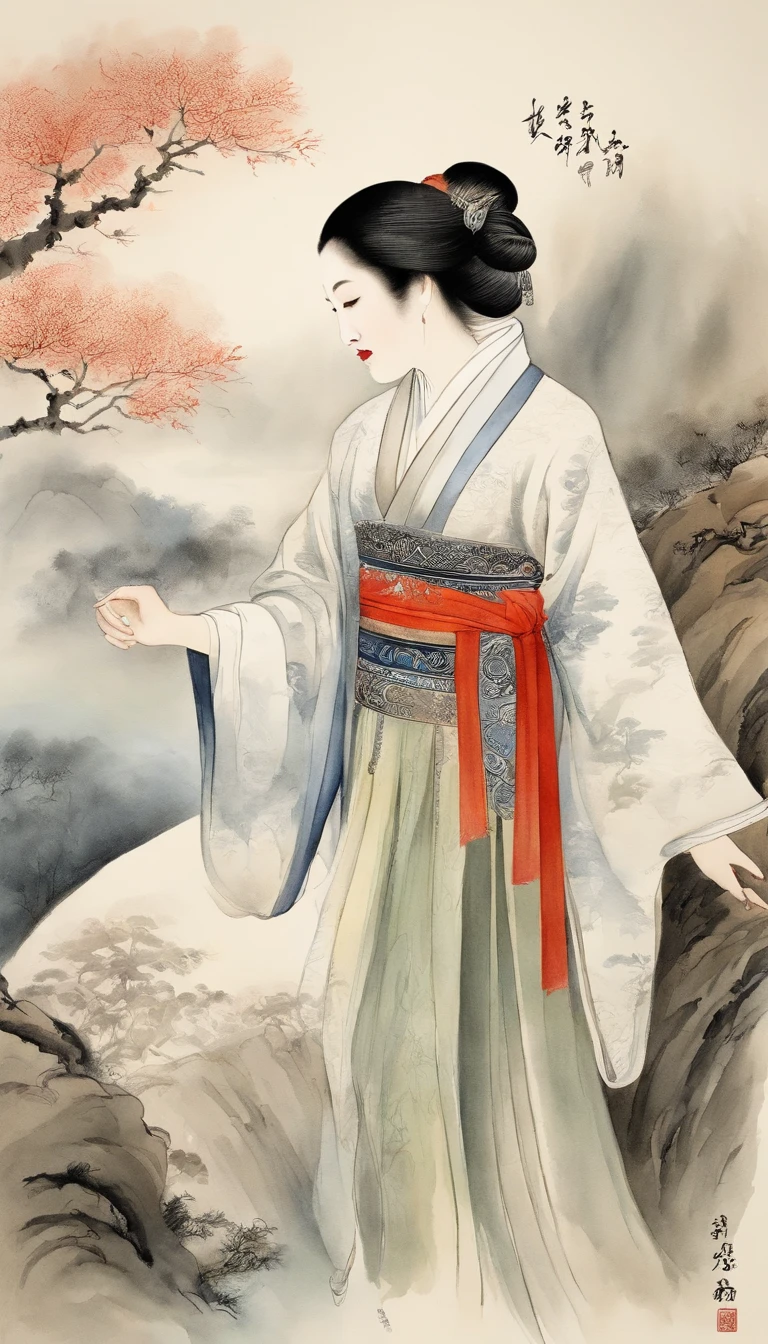Chinese landscape painting，ink and watercolor painting，water ink，ink，Smudge，Ultra-wide viewing angle，Meticulous，Beautifully depicted，A beauty，ancient Chinese costume, Beautiful detailed facial features, Small eyes, Smiling, Clear facial features, Take the willow branch, Wicker in the background, long  skirt, Ancient dress, Line stroke，1/2. Side side face，A detailed，acurate，Works of masters，tmasterpiece