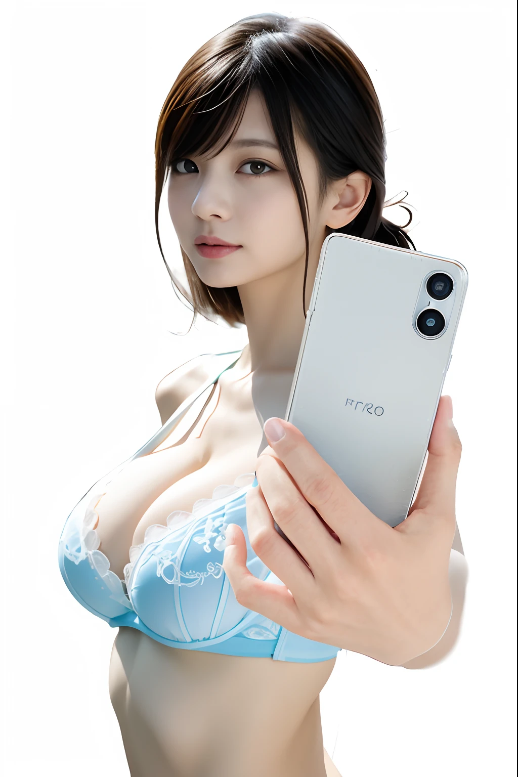 There is a woman in bikini holding a mobile phone, iPhone 1 3 Pro Max, 8K selfie photo, y-S 100, Smartphone, Photorealistic perfect body, Bottom Angle, perfect android girl, smartphone photo, けもの, she is holding a smartphone, 2 D CG, smooth body features, a smile