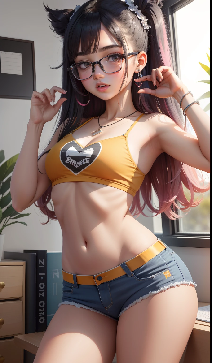 Imagem hiper-realista de uma menina de 16 ajoelhada na cama,olhando para o espectador,cabelo curto laranja, crop top abotoado,dolphin shorts,coxas grossas, pernas grossas,quadris largos,bunda grande roupa apertada,decote,olhar sedutor,batom vermelho,Licking the upper lip,lingua para fora,sardas,round glasses, heart tattoo on navel,blush (melhor qualidade, obra-prima1.2), (olho detalhado: 1.2),cabelo molhado, camel pives, Detailed office background