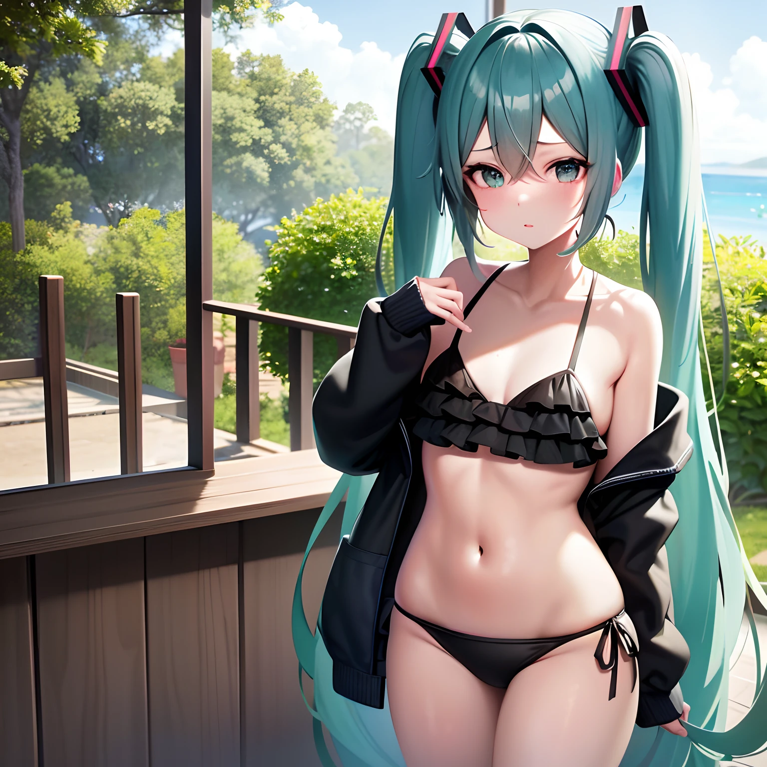 Hatsune Miku, Obra maestra, Manos apretadas, frustrado, egasumi, pervertido, small bikini, lewd face, huge, Big chest